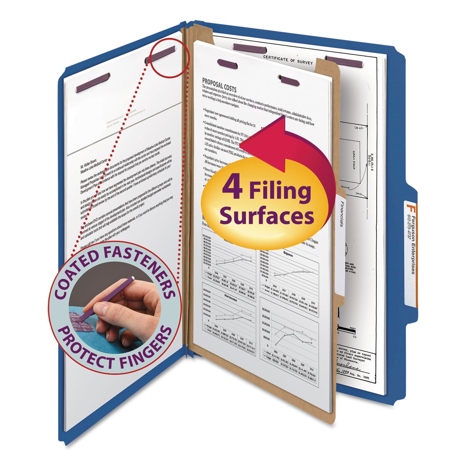 Four-Section Pressboard Top Tab Classification Folders, Four SafeSHIELD Fasteners, 1 Divider, Legal Size, Dark Blue, 10/Box -