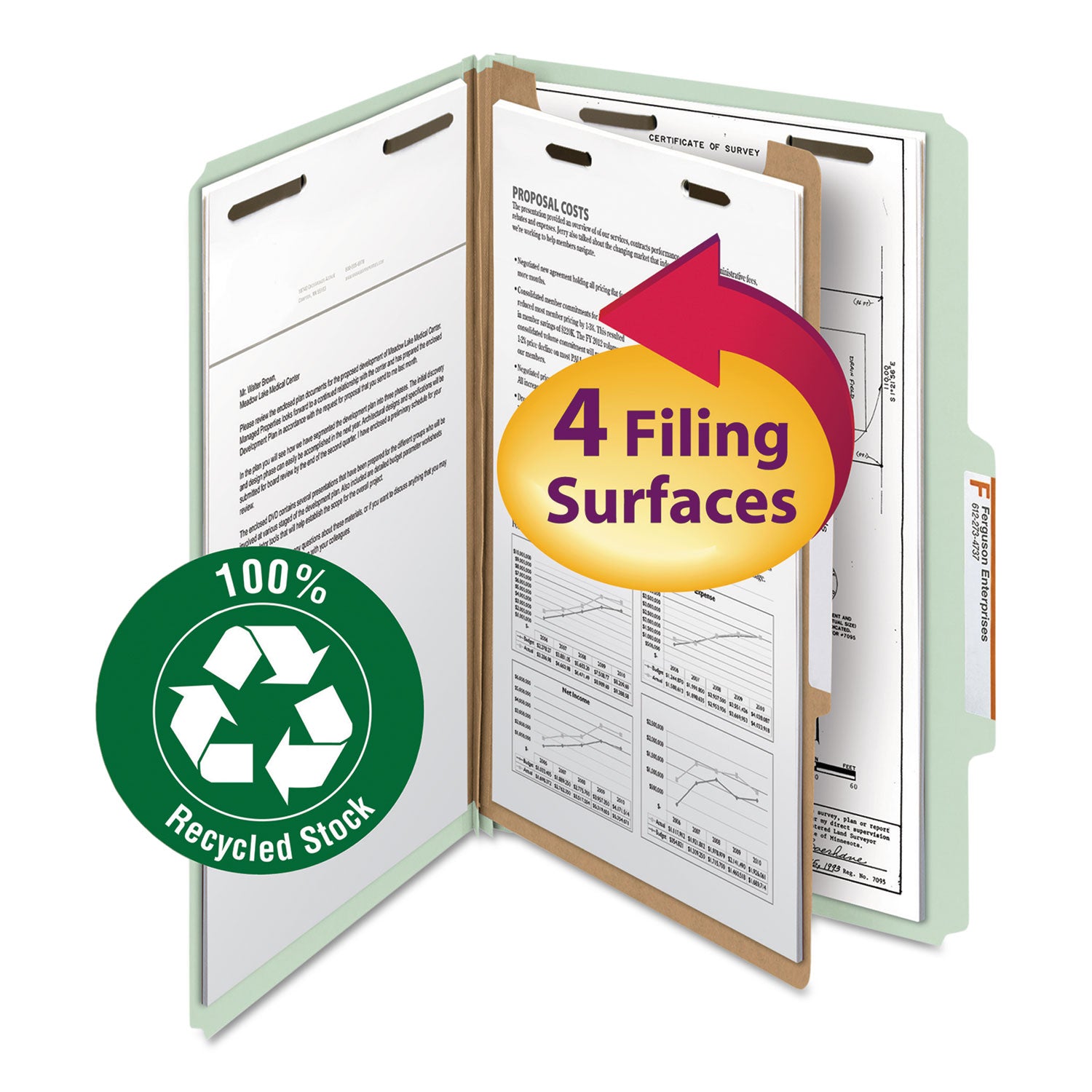 Recycled Pressboard Classification Folders, 2" Expansion, 1 Divider, 4 Fasteners, Legal Size, Gray-Green, 10/Box -