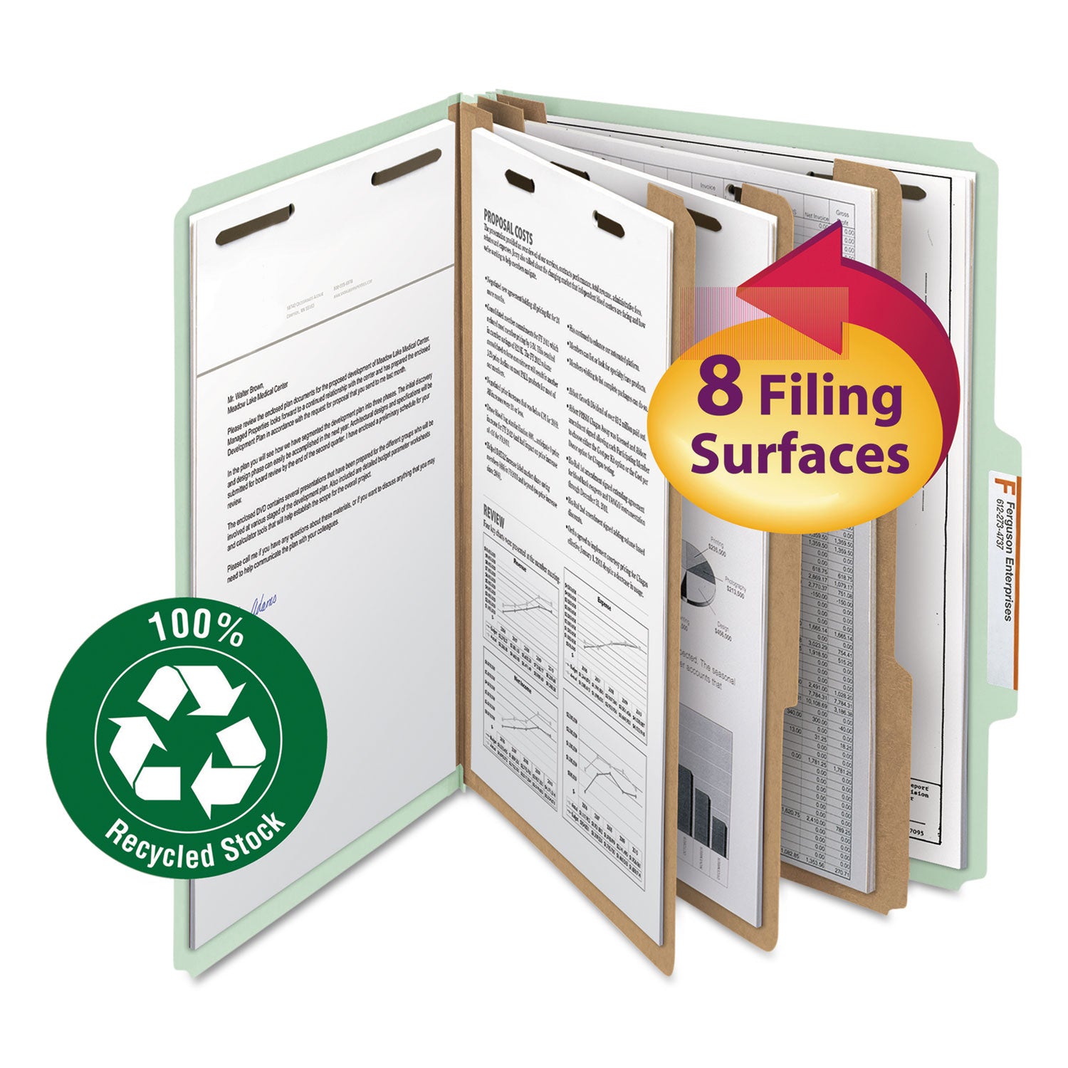 Recycled Pressboard Classification Folders, 3" Expansion, 3 Dividers, 8 Fasteners, Letter Size, Gray-Green, 10/Box -