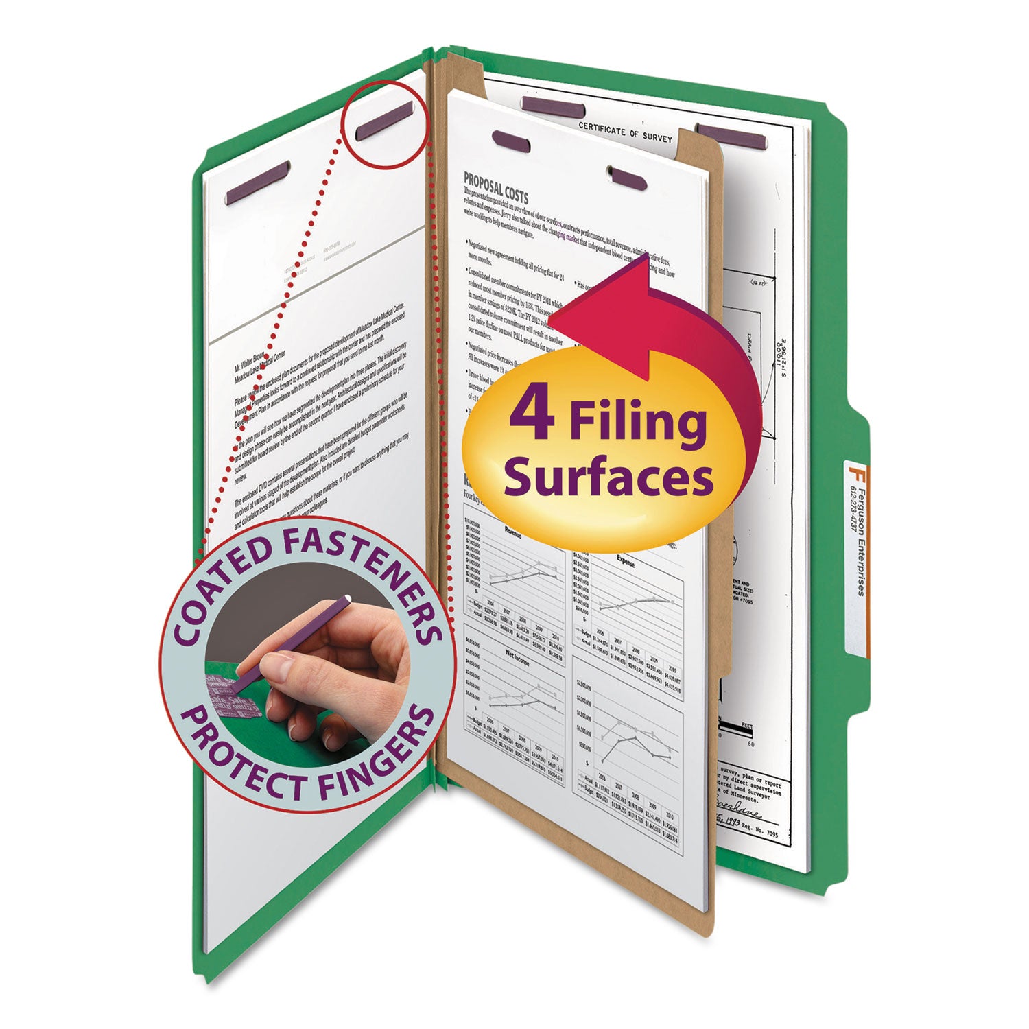 Four-Section Pressboard Top Tab Classification Folders, Four SafeSHIELD Fasteners, 1 Divider, Legal Size, Green, 10/Box -