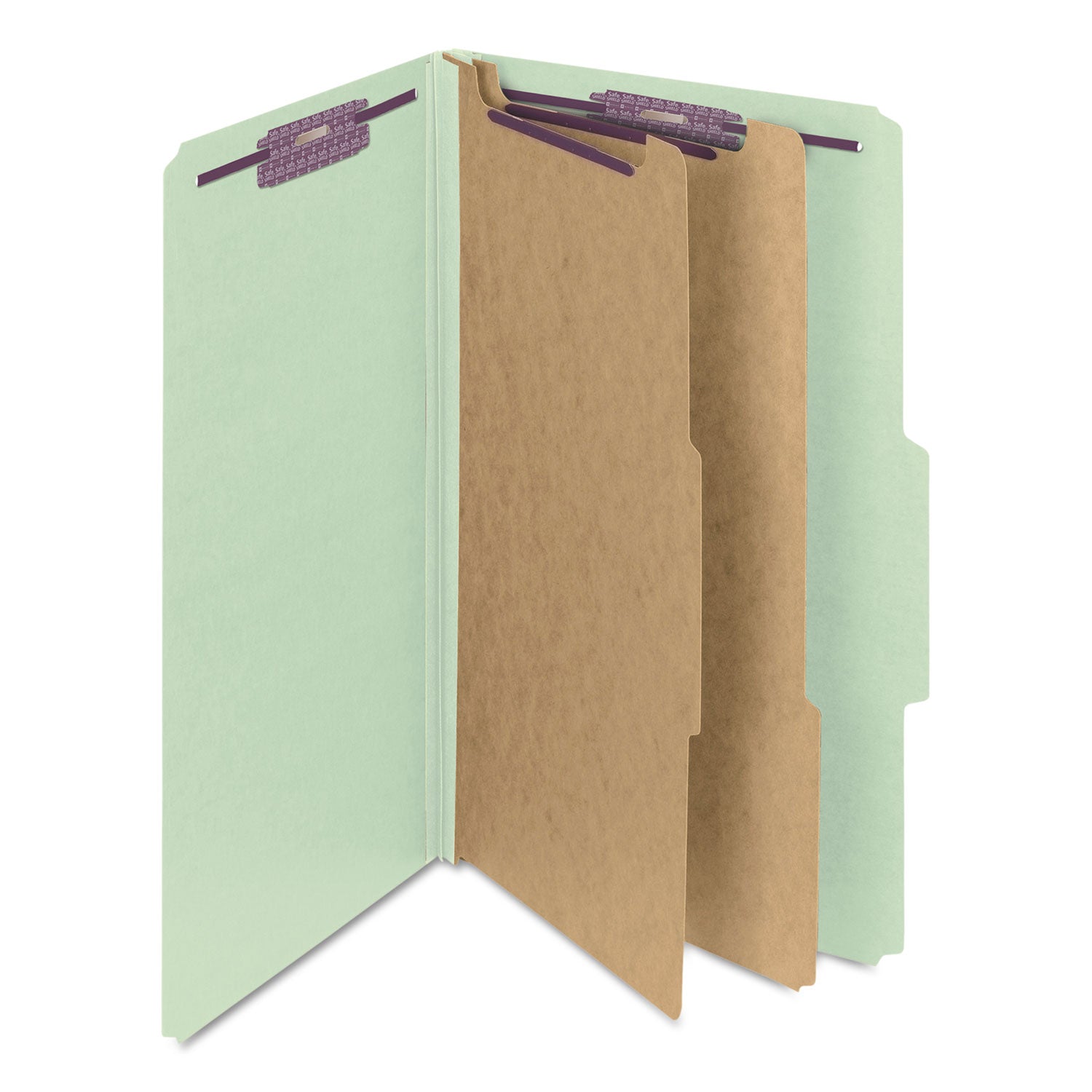 Pressboard Classification Folders, Six SafeSHIELD Fasteners, 2/5-Cut Tabs, 2 Dividers, Legal Size, Gray-Green, 10/Box -