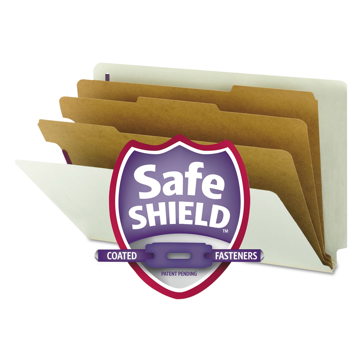 End Tab Pressboard Classification Folders, Eight SafeSHIELD Fasteners, 3" Expansion, 3 Dividers, Legal Size, Gray-Green,10/BX -