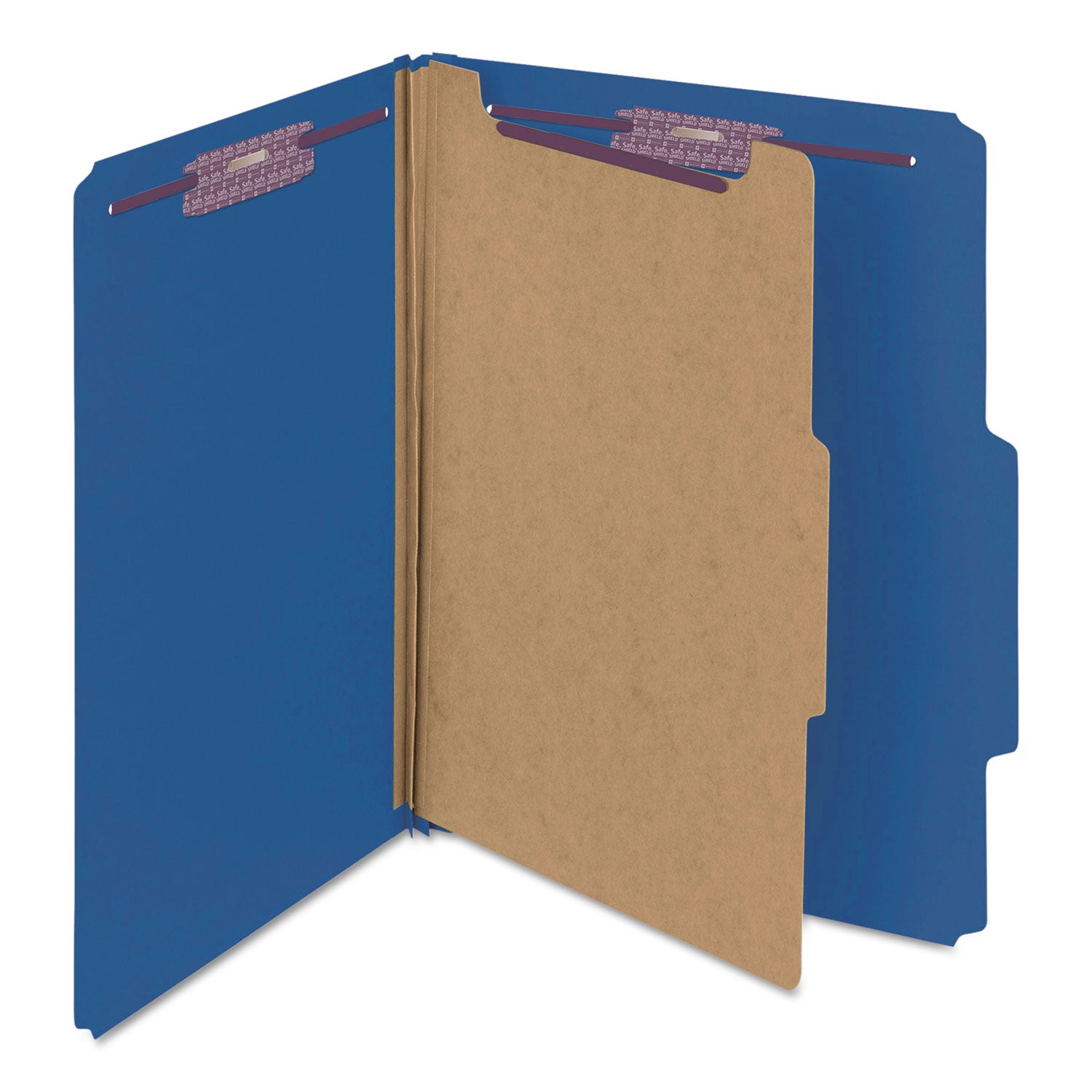 Four-Section Pressboard Top Tab Classification Folders, Four SafeSHIELD Fasteners, 1 Divider, Letter Size, Dark Blue, 10/Box -