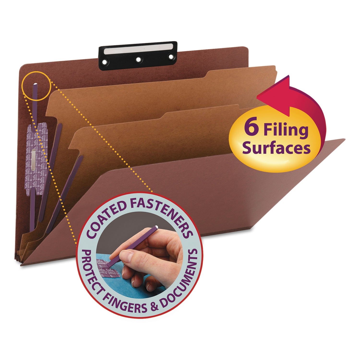 Pressboard Classification Folders, Six SafeSHIELD Fasteners, 1/3-Cut Tabs, 2 Dividers, Legal Size, Red, 10/Box -