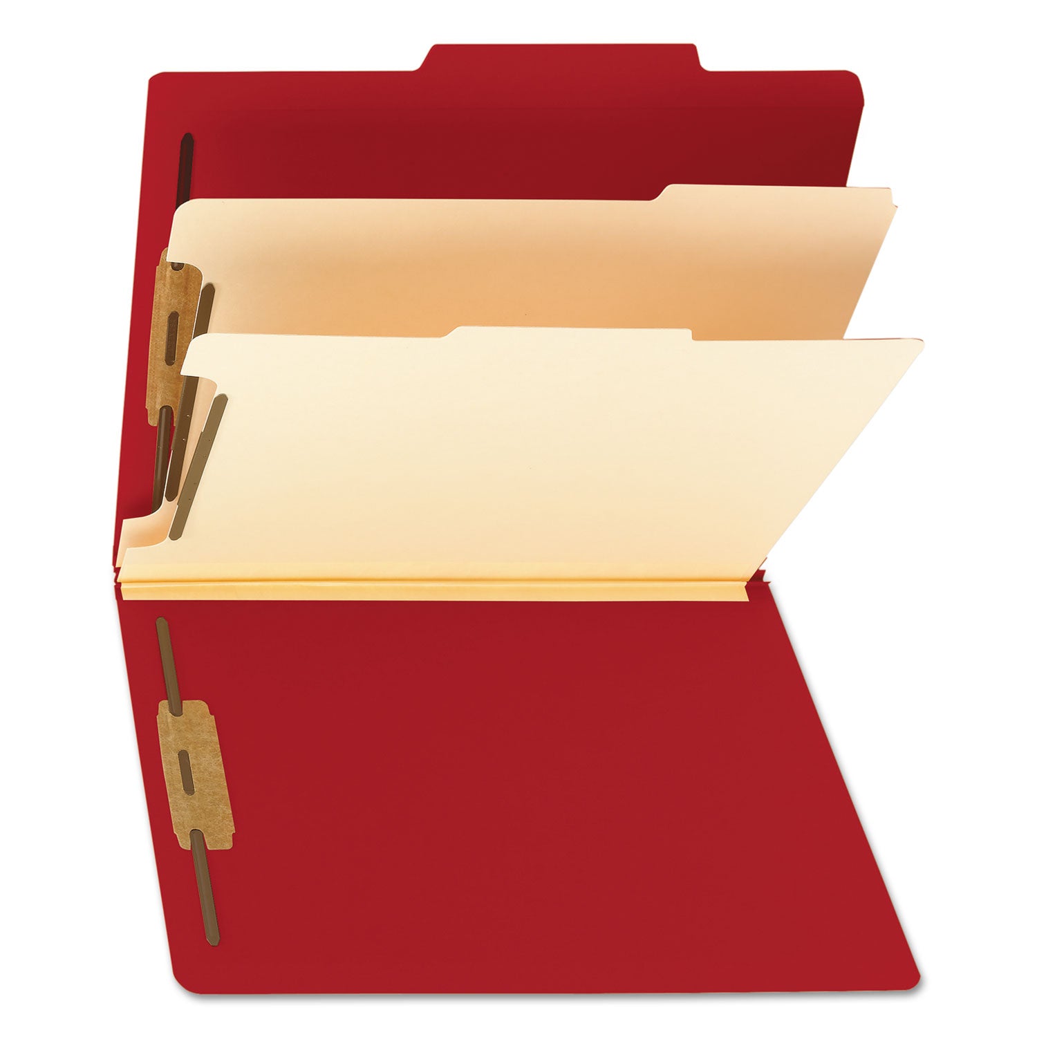 Top Tab Classification Folders, Six SafeSHIELD Fasteners, 2" Expansion, 2 Dividers, Letter Size, Red Exterior, 10/Box -