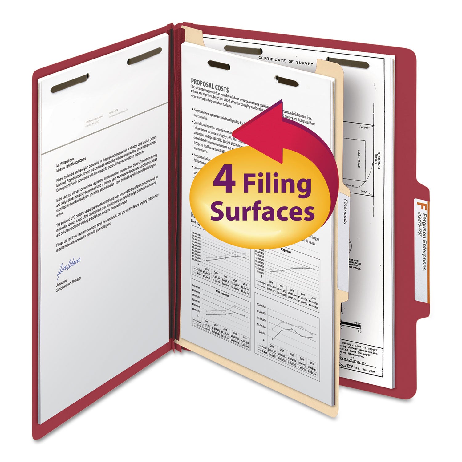 Top Tab Classification Folders, Four SafeSHIELD Fasteners, 2" Expansion, 1 Divider, Letter Size, Red Exterior, 10/Box -