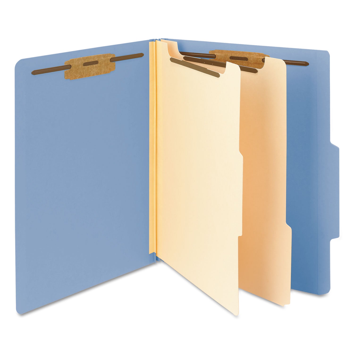 Top Tab Classification Folders, Six SafeSHIELD Fasteners, 2" Expansion, 2 Dividers, Letter Size, Blue Exterior, 10/Box -