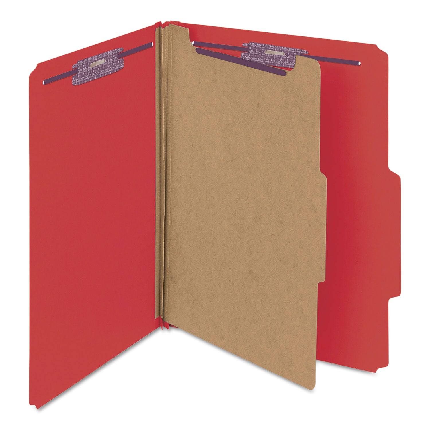 Four-Section Pressboard Top Tab Classification Folders, Four SafeSHIELD Fasteners, 1 Divider, Letter Size, Bright Red, 10/Box -
