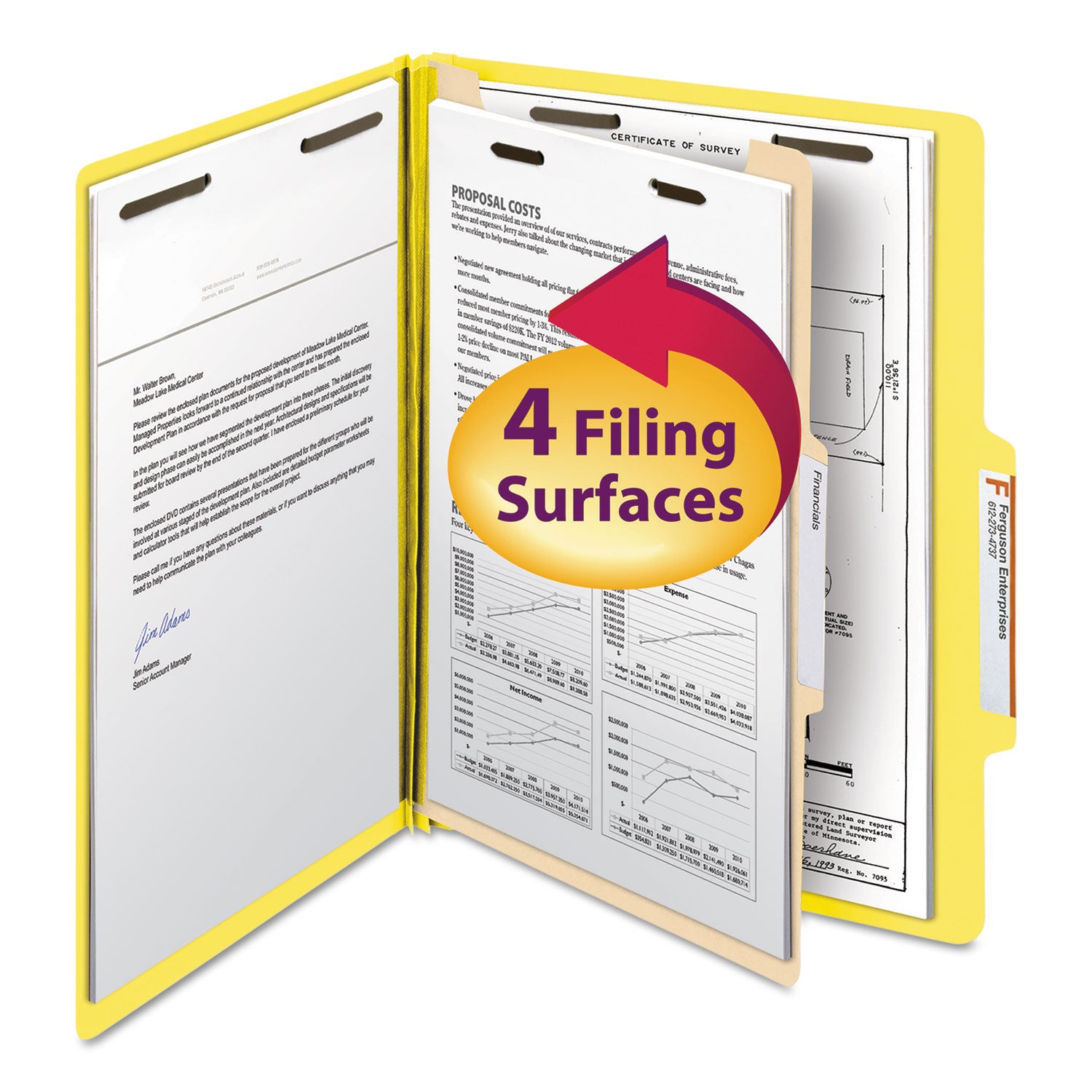 Top Tab Classification Folders, Four SafeSHIELD Fasteners, 2" Expansion, 1 Divider, Letter Size, Yellow Exterior, 10/Box -