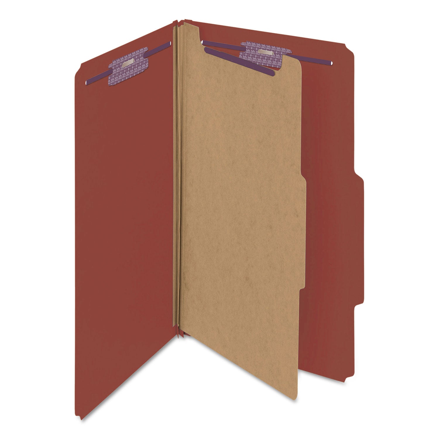 Pressboard Classification Folders, Four SafeSHIELD Fasteners, 2/5-Cut Tabs, 1 Divider, Legal Size, Red, 10/Box -