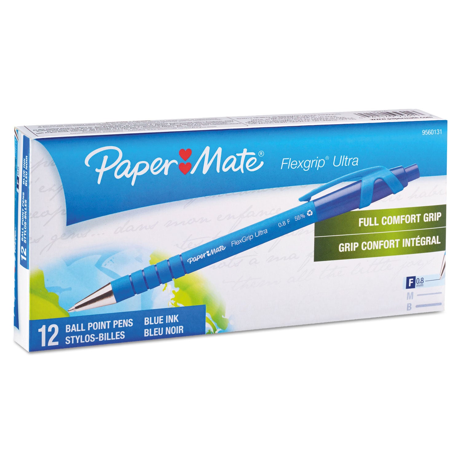 FlexGrip Ultra Recycled Ballpoint Pen, Retractable, Fine 0.8 mm, Blue Ink, Black/Blue Barrel, Dozen -