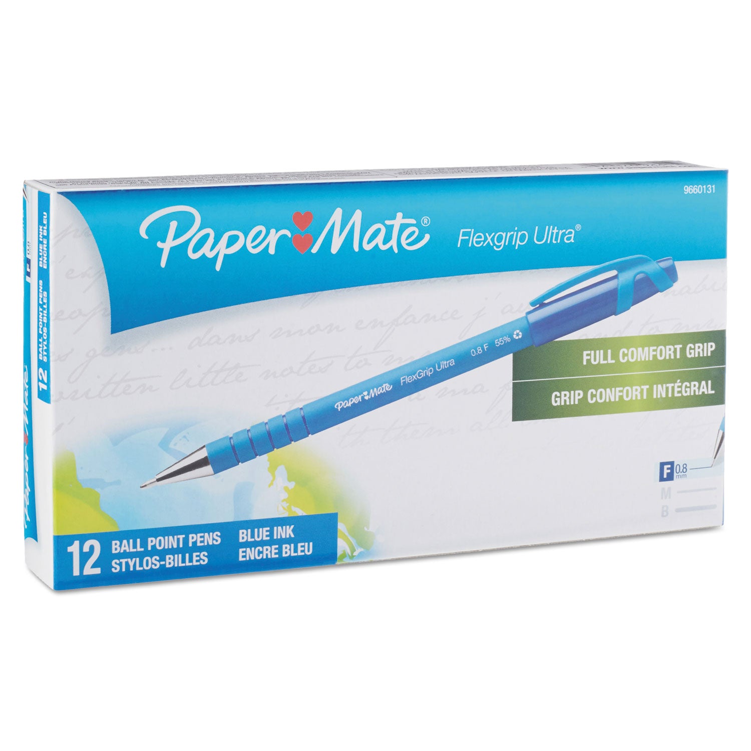 FlexGrip Ultra Recycled Ballpoint Pen, Stick, Fine 0.8 mm, Blue Ink, Blue Barrel, Dozen -