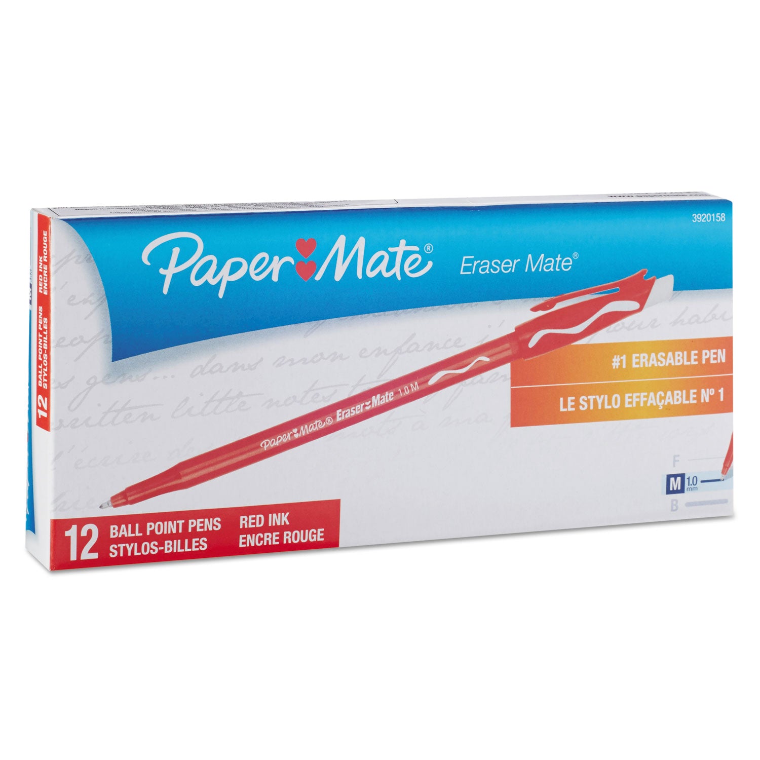 Eraser Mate Ballpoint Pen, Stick, Medium 1 mm, Red Ink, Red Barrel, Dozen -