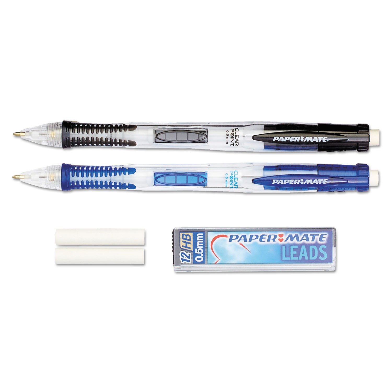 Clear Point Mechanical Pencils with Tube of Lead/Erasers, 0.5 mm, HB(#2), Black Lead, Randomly Assorted Barrel Colors, 2/Pack -