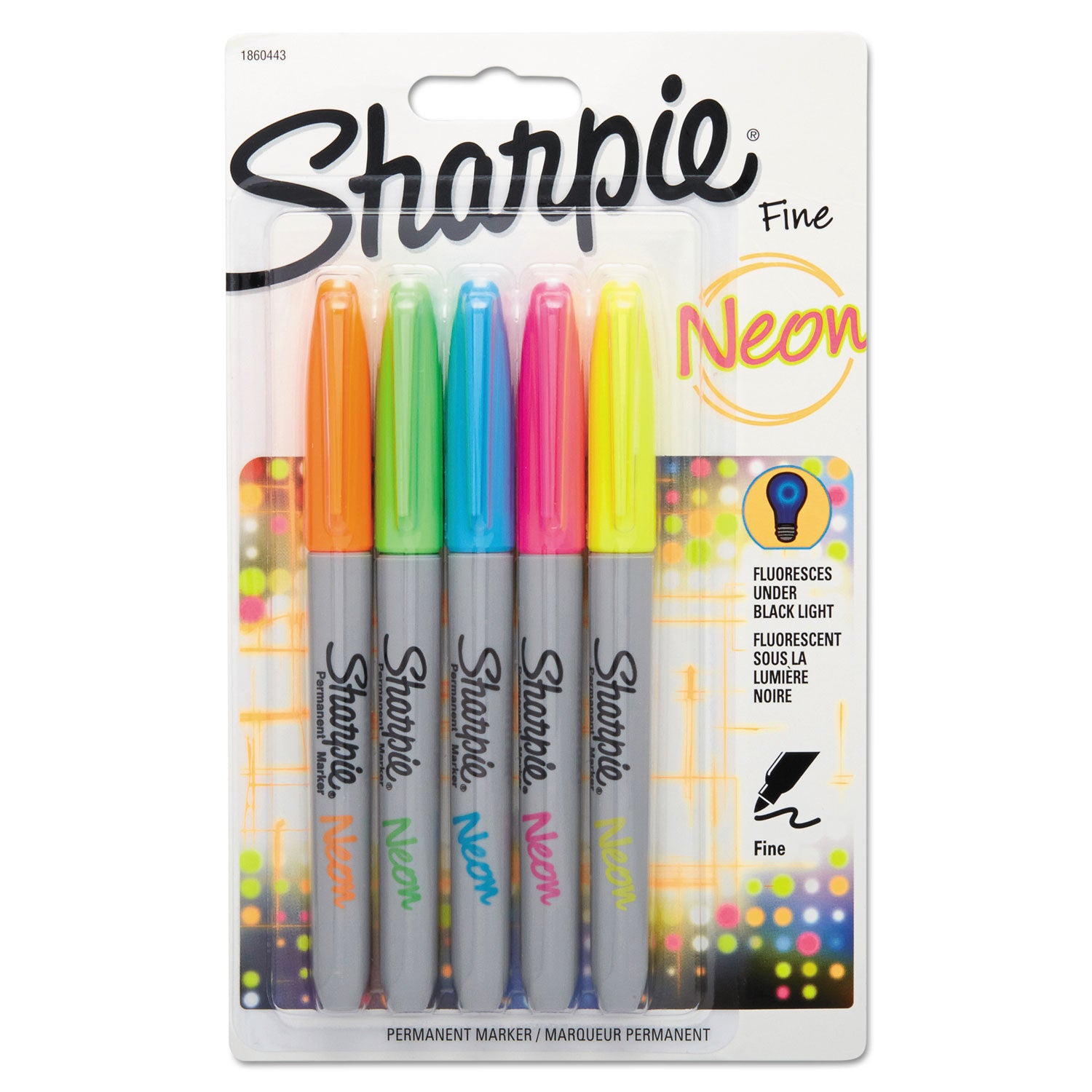 Neon Permanent Markers, Fine Bullet Tip, Assorted Colors, 5/Pack -