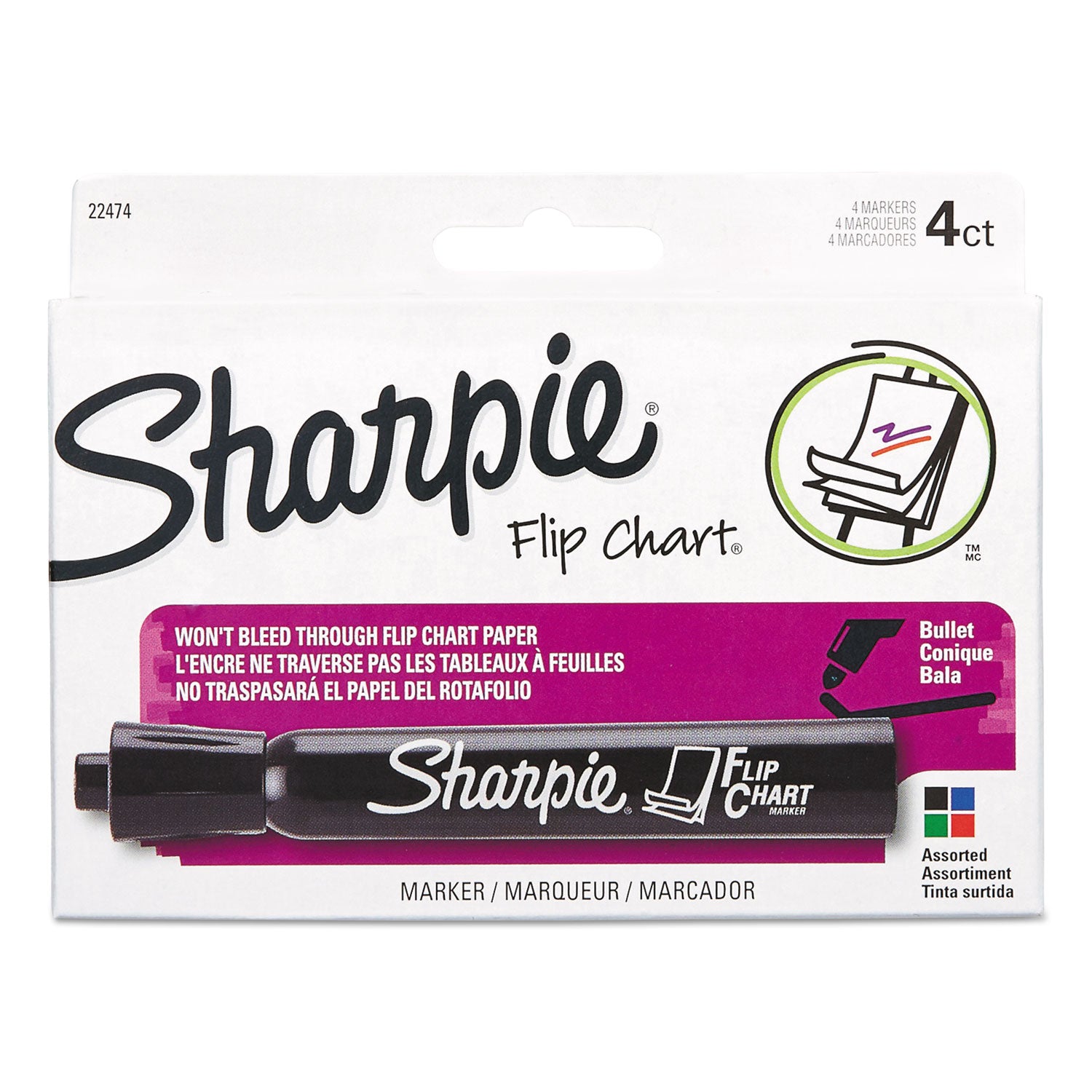 Flip Chart Marker, Broad Bullet Tip, Assorted Colors, 4/Set -
