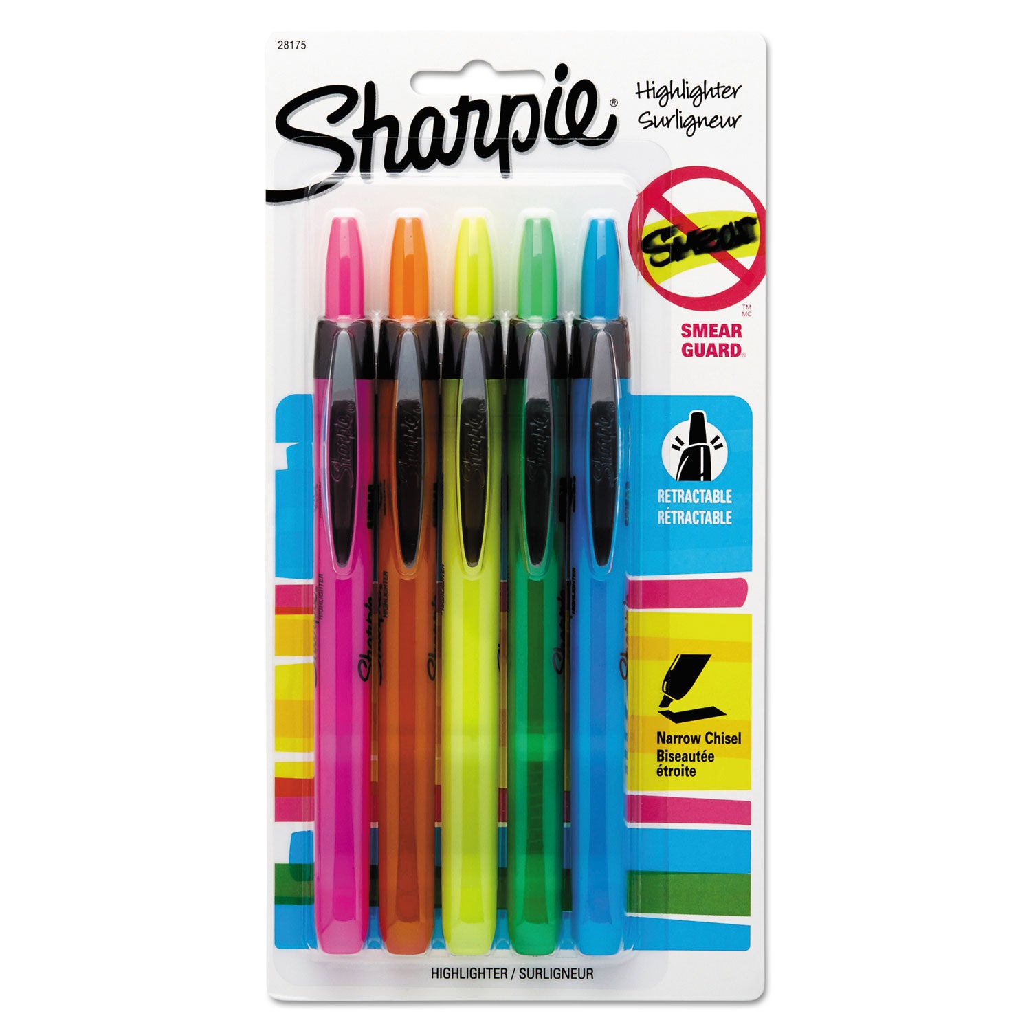 Retractable Highlighters, Assorted Ink Colors, Chisel Tip, Assorted Barrel Colors, 5/Set -