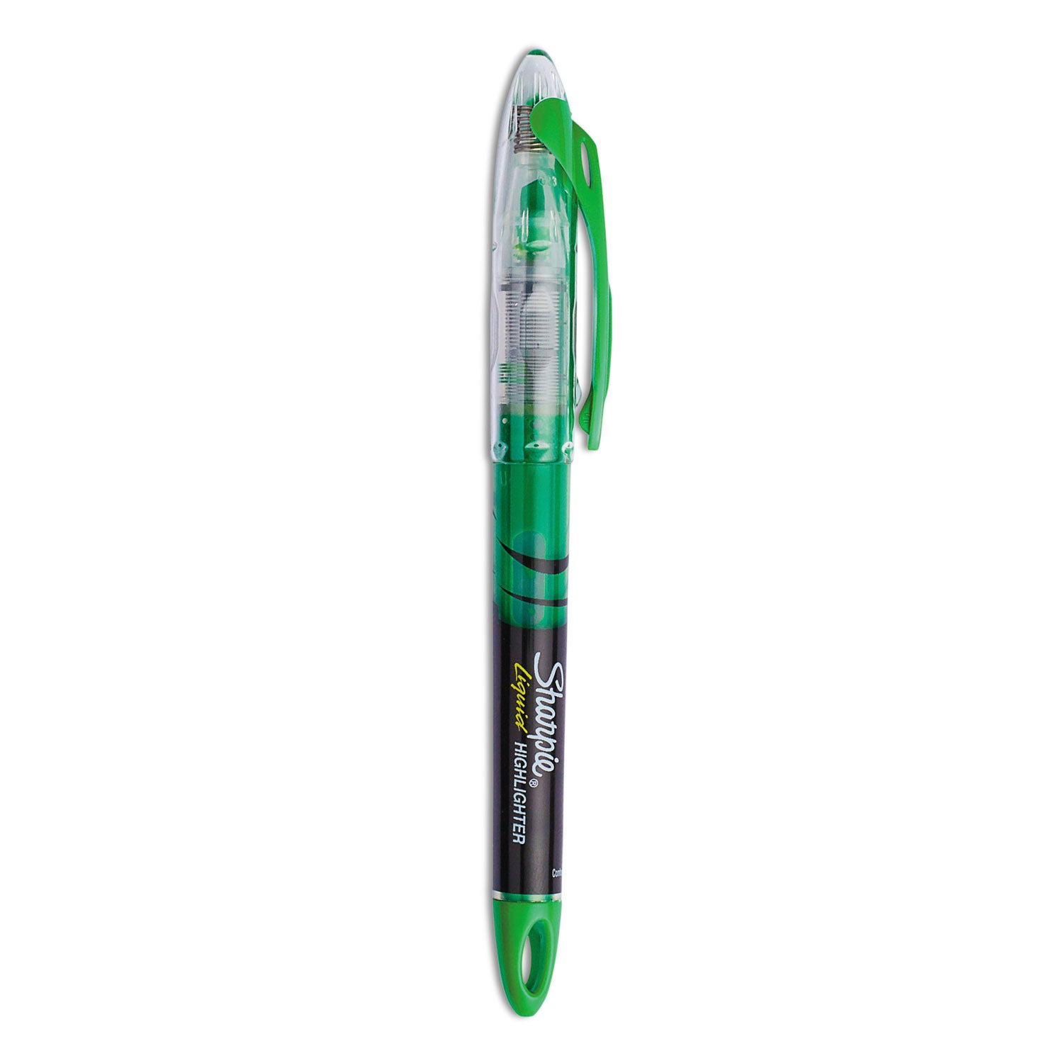 Liquid Pen Style Highlighters, Fluorescent Green Ink, Chisel Tip, Green/Black/Clear Barrel, Dozen -