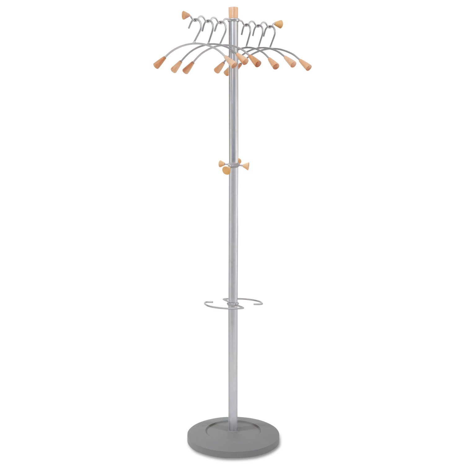 Wavy Coat Tree, Six Hangers/Two Knobs/Four Hooks, 18.88w x 14d x 68.5h, Silver/Wood -
