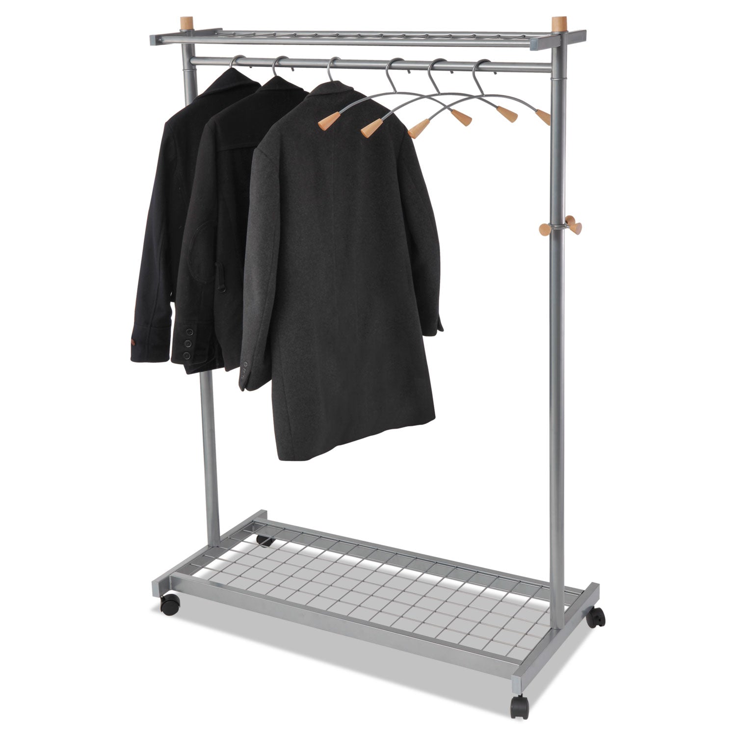 Garment Racks, Two-Sided, 2-Shelf Coat Rack, 6 Hanger/6 Hook, 44.8w x 21.67d x 70.8h, Silver/Wood -