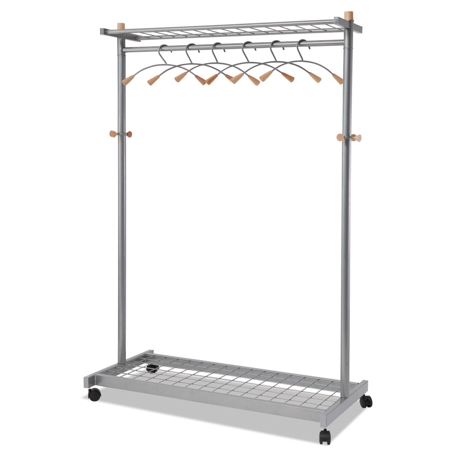 Garment Racks, Two-Sided, 2-Shelf Coat Rack, 6 Hanger/6 Hook, 44.8w x 21.67d x 70.8h, Silver/Wood -