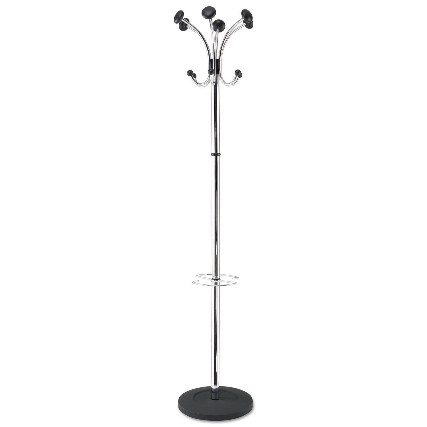 Chromy Coat Stand, 12 Knobs, 16w x 16d x 70.5h, Chrome/Black -
