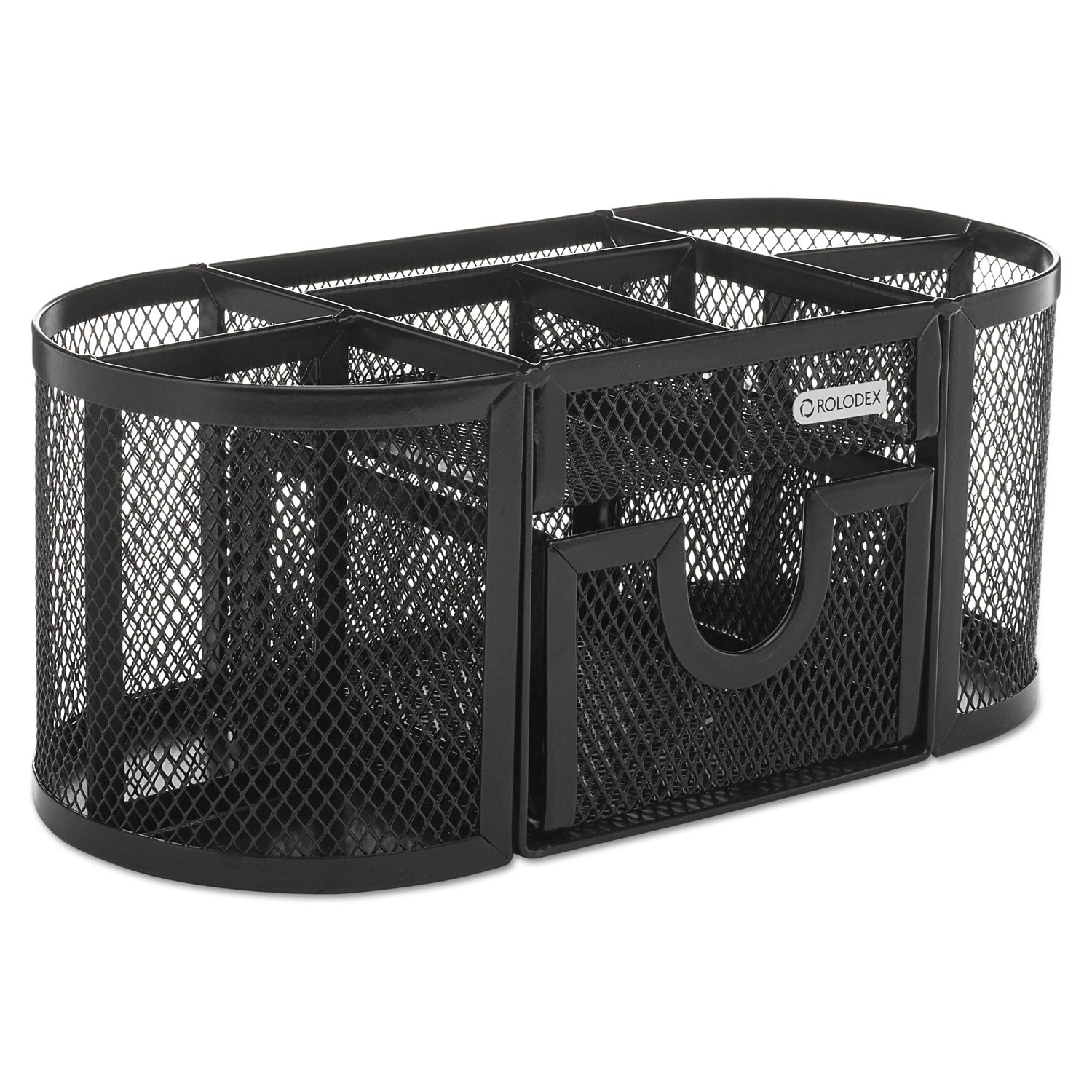 Mesh Oval Pencil Cup Organizer, 4 Compartments, Steel, 9.38 x 4.5 x 4, Black -