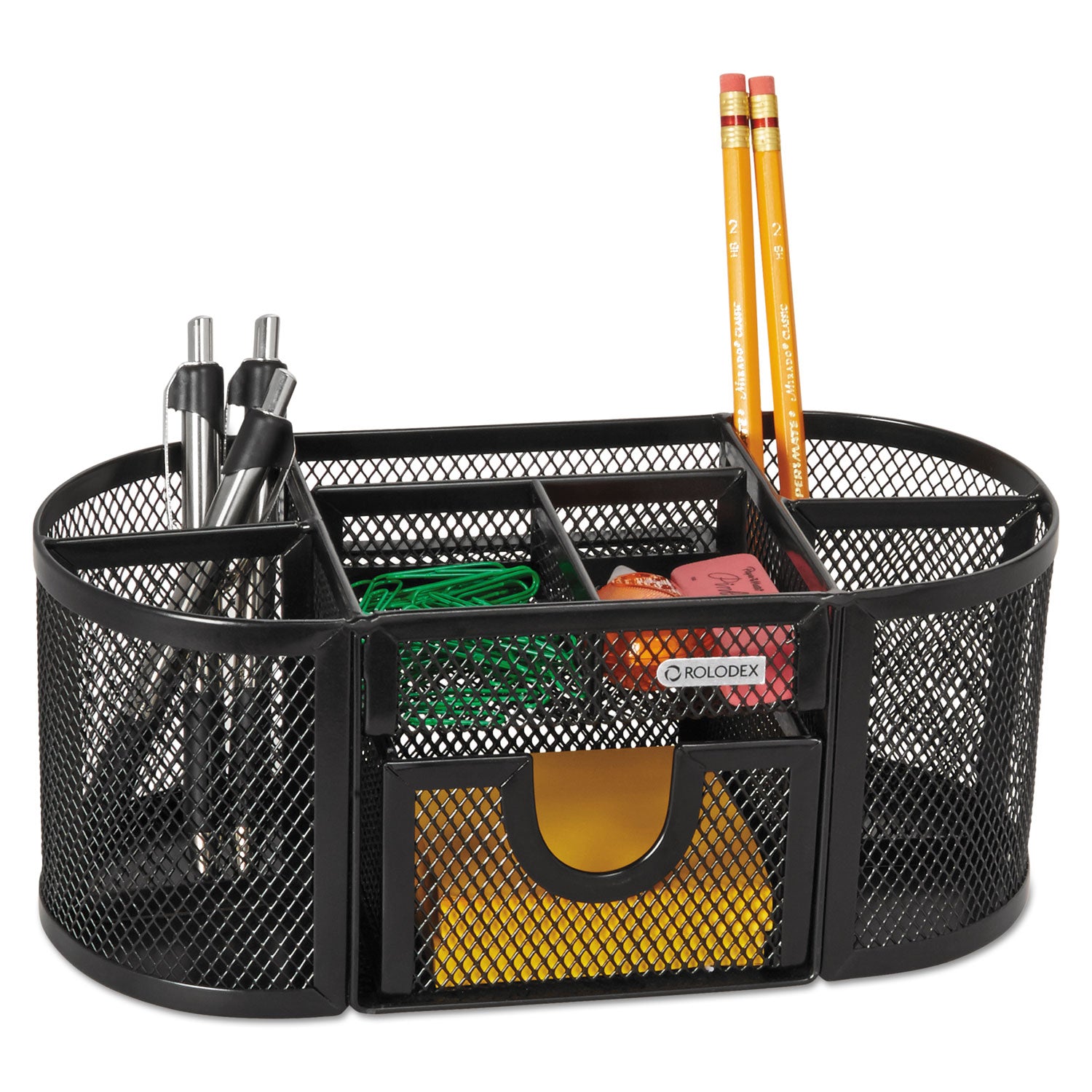 Mesh Oval Pencil Cup Organizer, 4 Compartments, Steel, 9.38 x 4.5 x 4, Black -