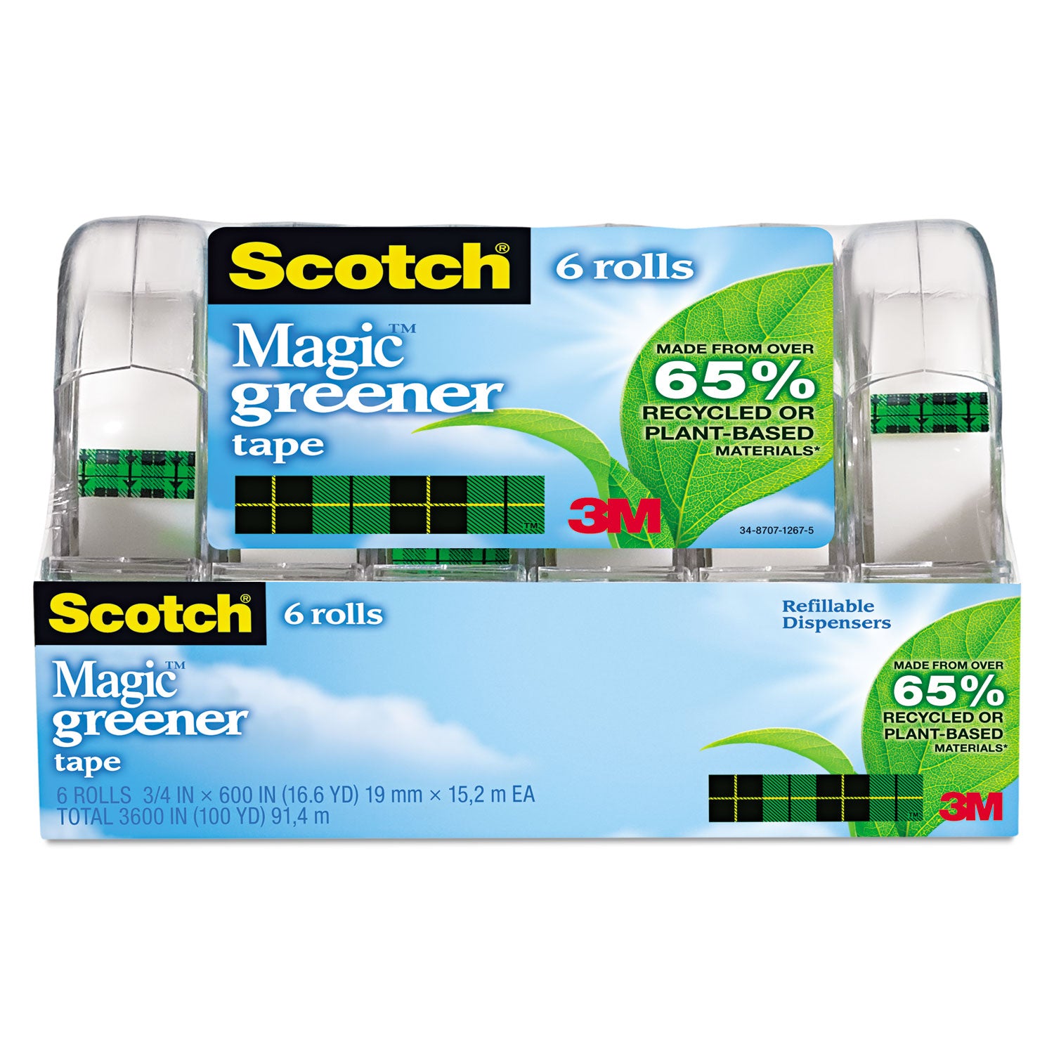 Magic Greener Tape with Dispenser, 1" Core, 0.75" x 50 ft, Clear, 6/Pack -