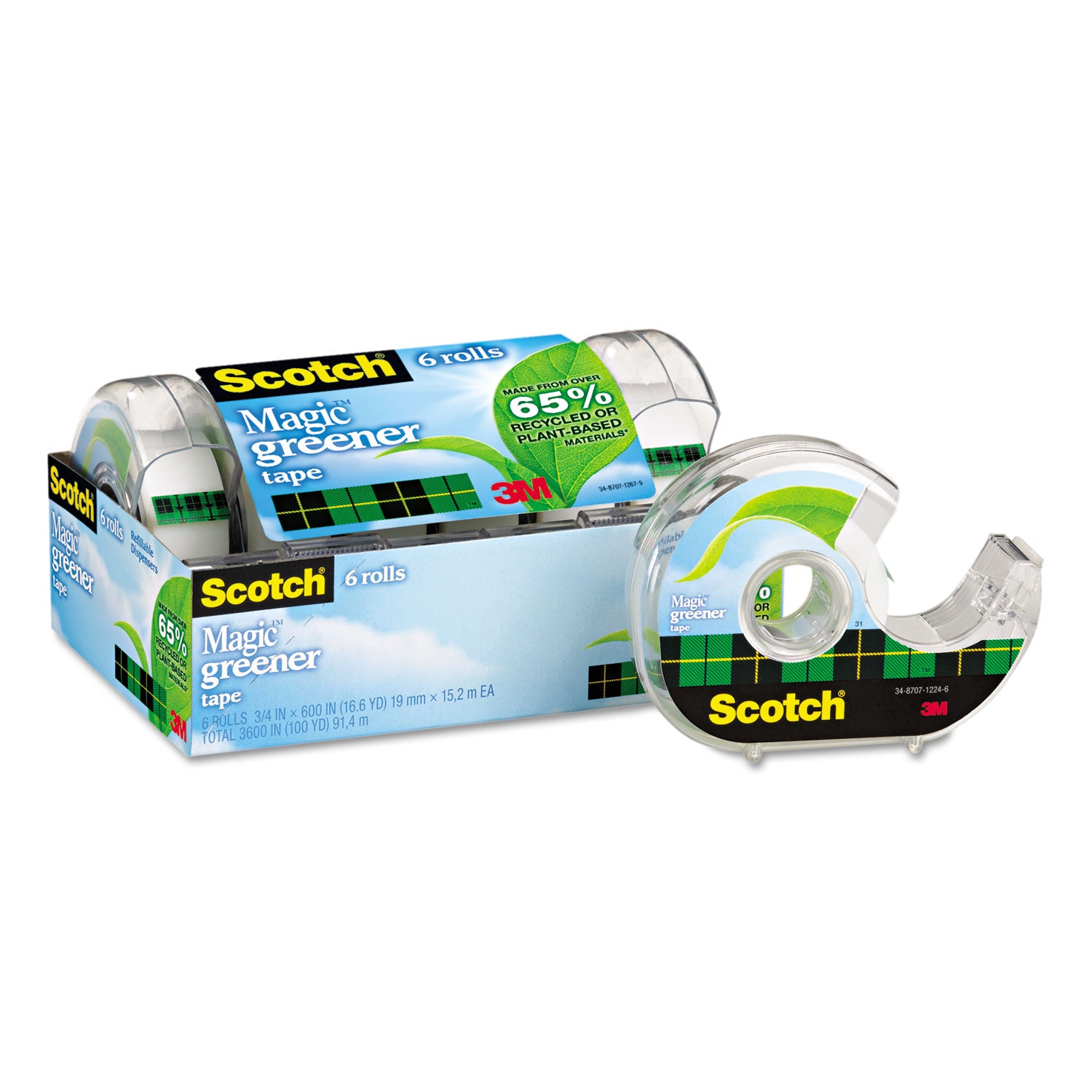 Magic Greener Tape with Dispenser, 1" Core, 0.75" x 50 ft, Clear, 6/Pack -