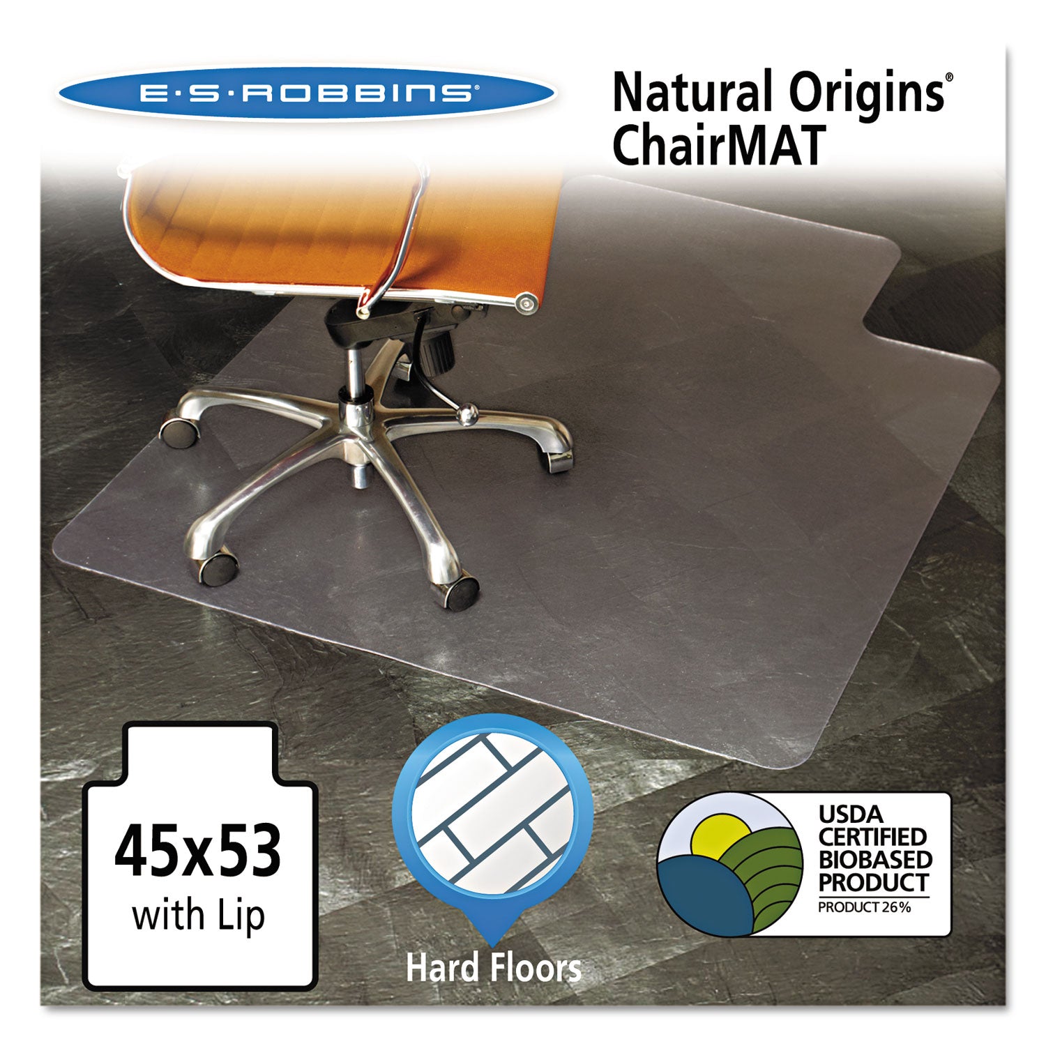 Natural Origins Chair Mat with Lip For Hard Floors, 45 x 53, Clear -