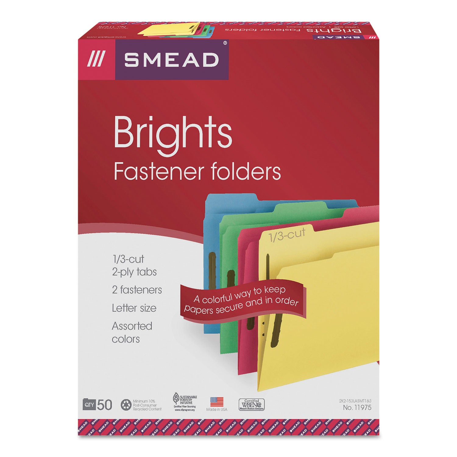 Top Tab Colored Fastener Folders, 0.75" Expansion, 2 Fasteners, Letter Size, Assorted Colors, 50/Box -