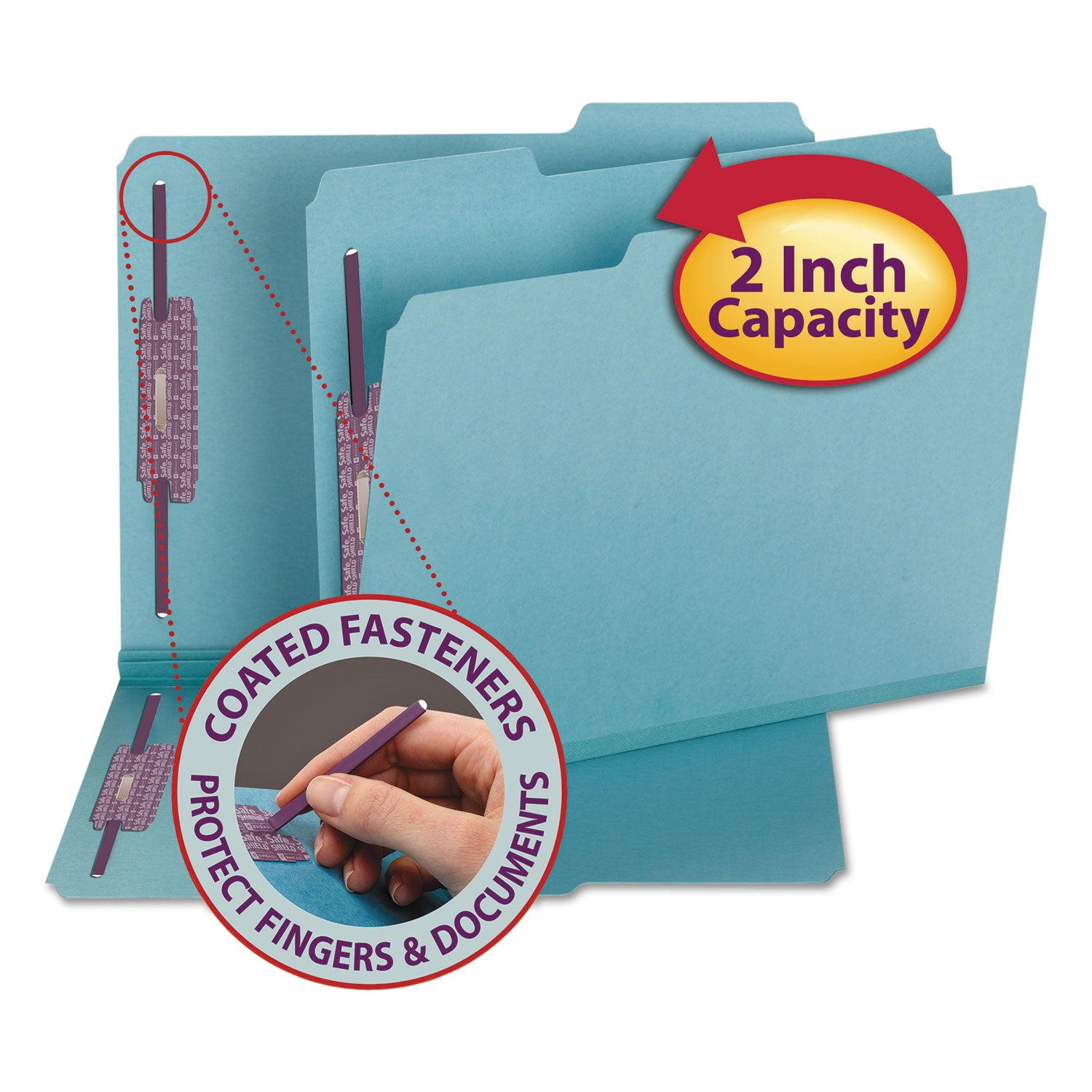 Colored Pressboard Fastener Folders with SafeSHIELD Coated Fasteners, 2" Expansion, 2 Fasteners, Letter Size, Blue, 25/Box -