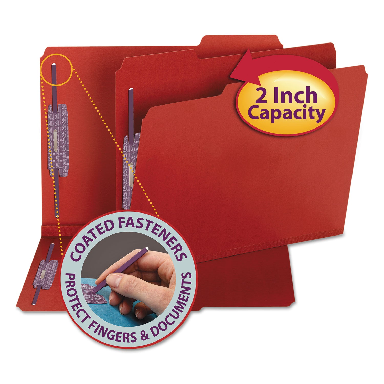 Colored Pressboard Fastener Folders with SafeSHIELD Fasteners, 2" Expansion, 2 Fasteners, Letter Size, Bright Red, 25/Box -
