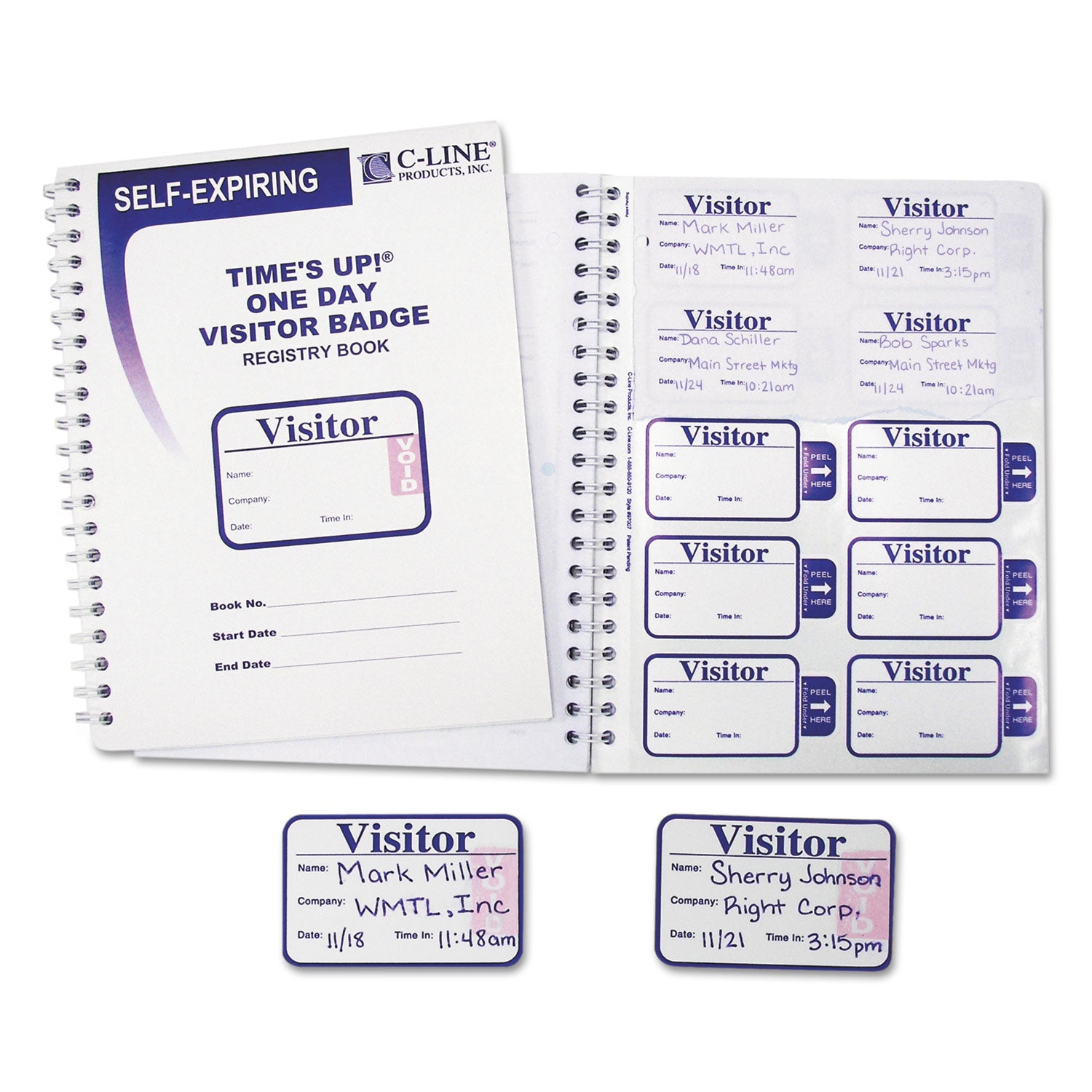Time's Up Self-Expiring Visitor Badges with Registry Log, 3 x 2, White, 150 Badges/Box -