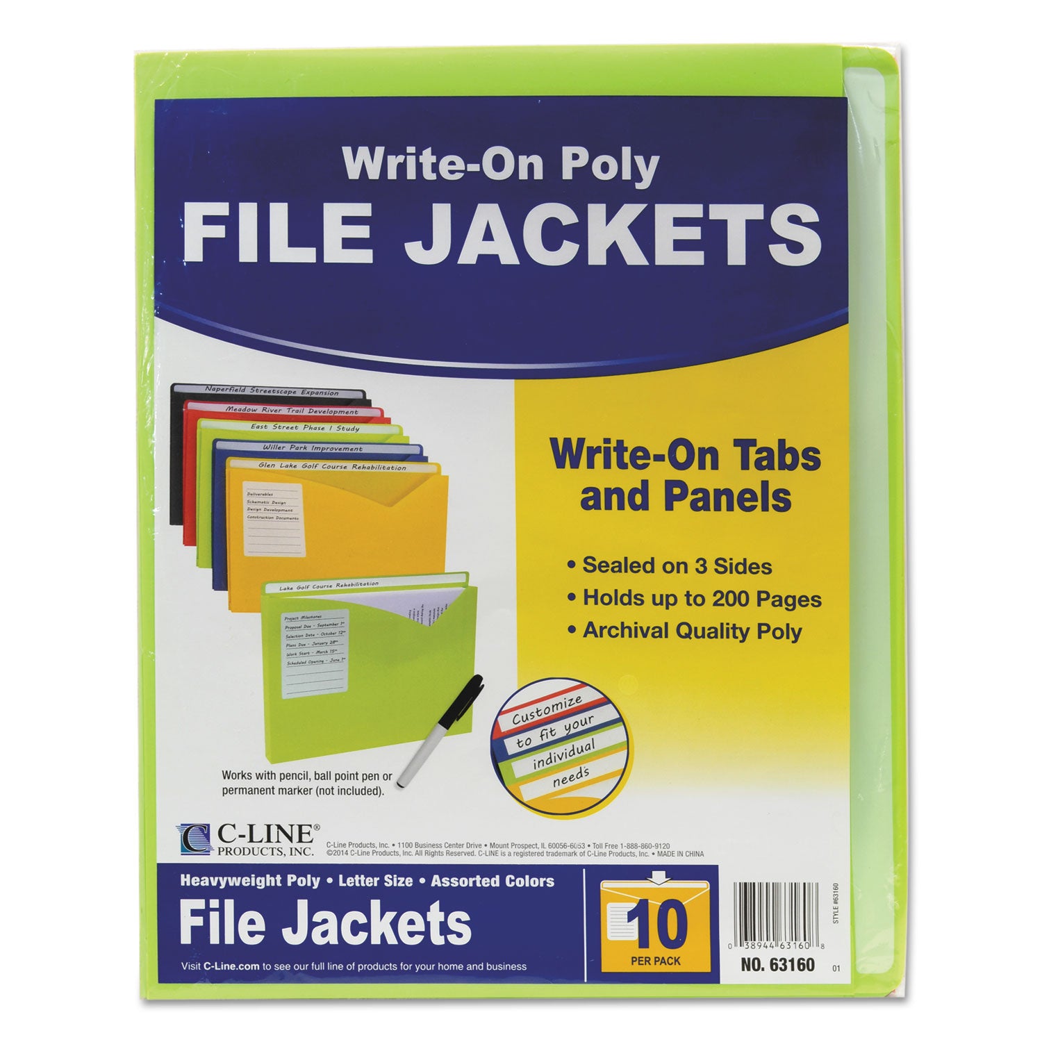Write-On Poly File Jackets, Straight Tab, Letter Size, Assorted Colors, 10/Pack -