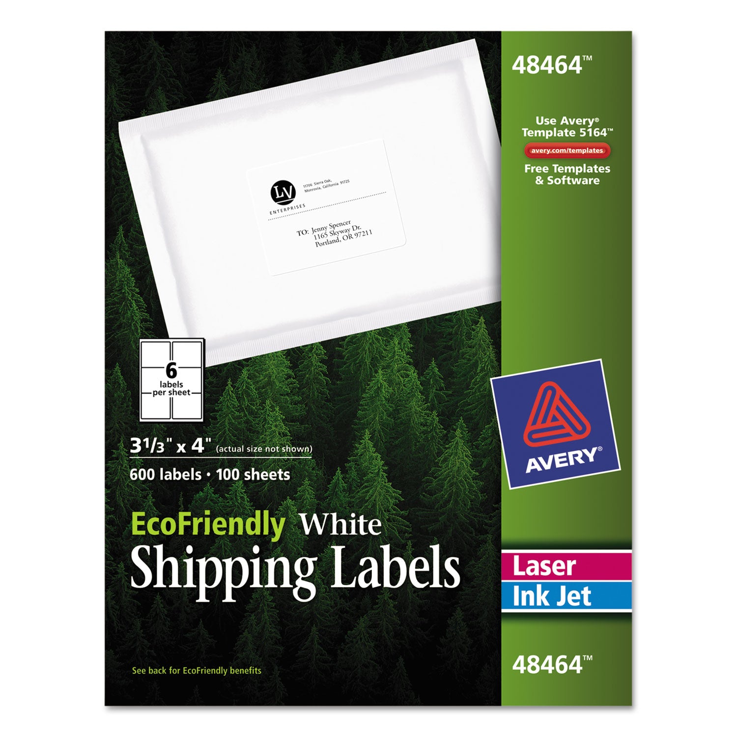 EcoFriendly Mailing Labels, Inkjet/Laser Printers, 3.33 x 4, White, 6/Sheet, 100 Sheets/Pack -