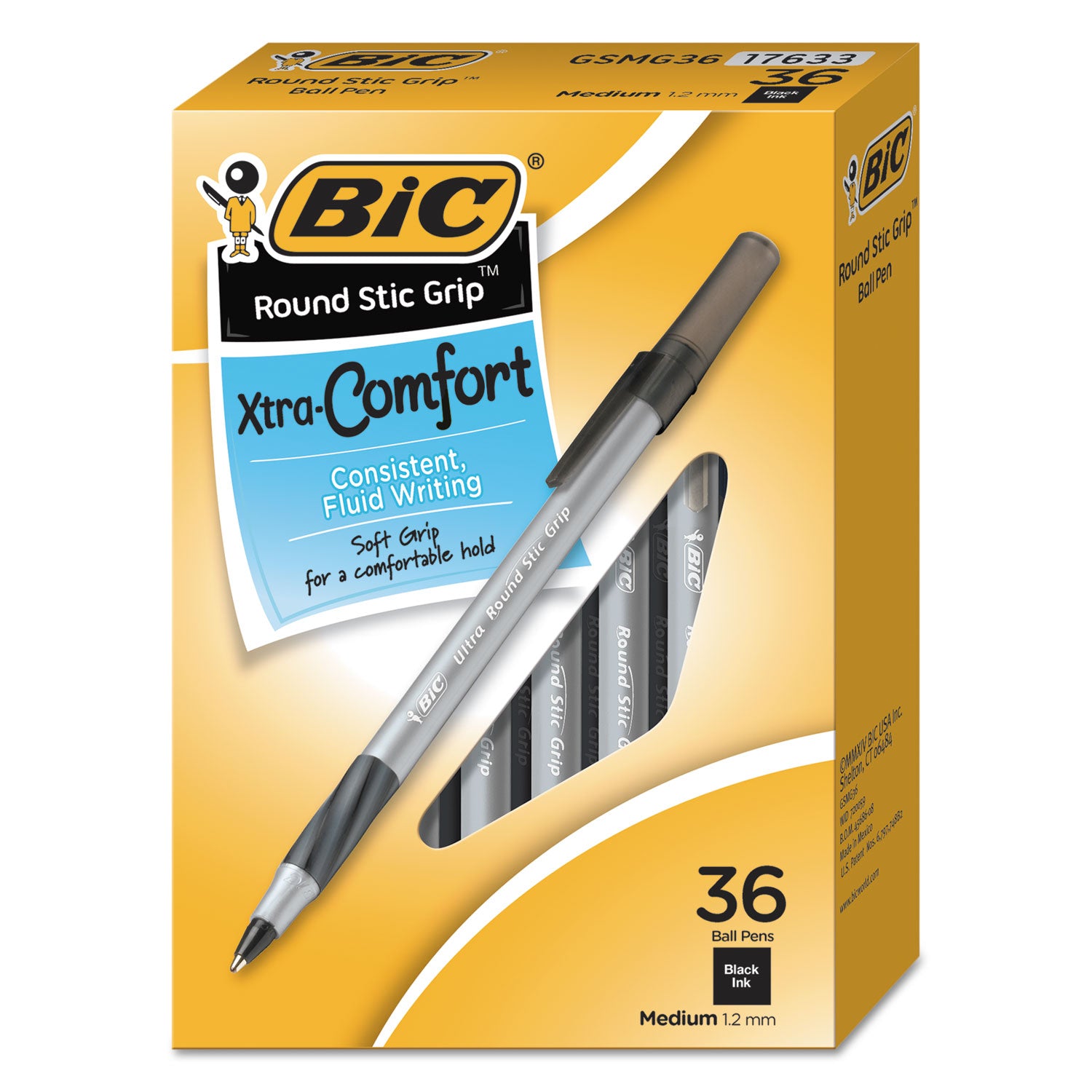 Round Stic Grip Xtra Comfort Ballpoint Pen Value Pack, Easy-Glide, Stick, Medium 1.2 mm, Black Ink, Gray/Black Barrel, 36/PK -