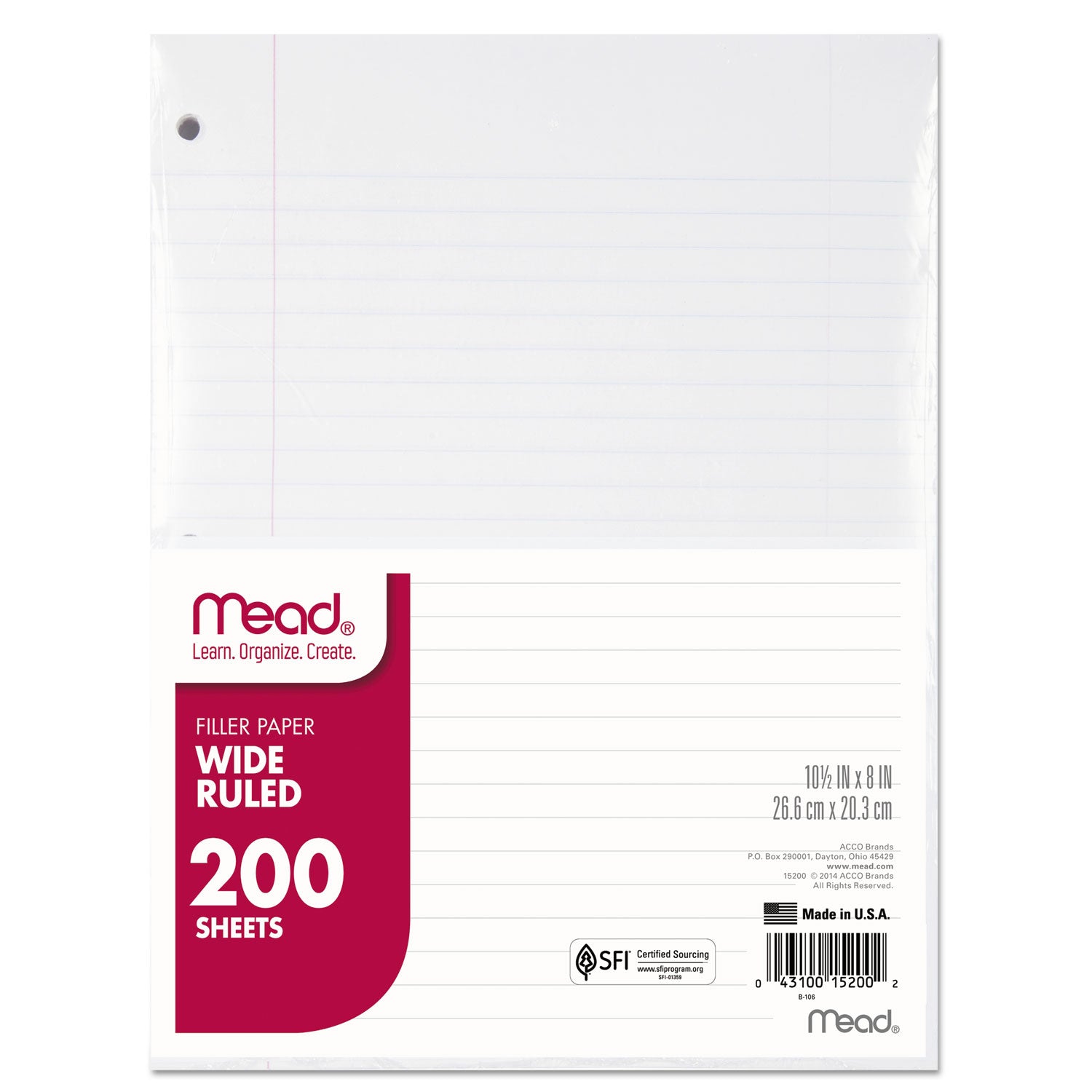 Filler Paper, 3-Hole, 8 x 10.5, Wide/Legal Rule, 200/Pack -