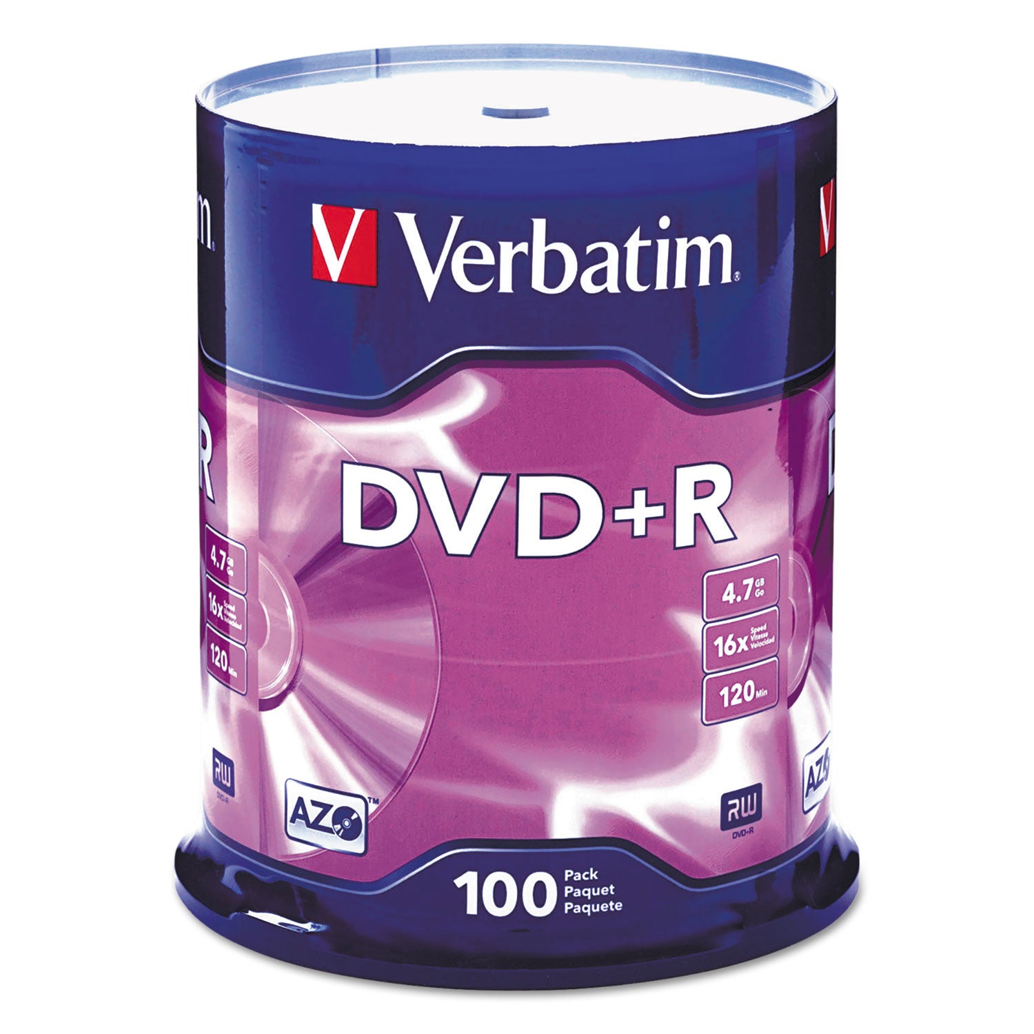 DVD+R Recordable Disc, 4.7 GB, 16x, Spindle, Silver, 100/Pack -