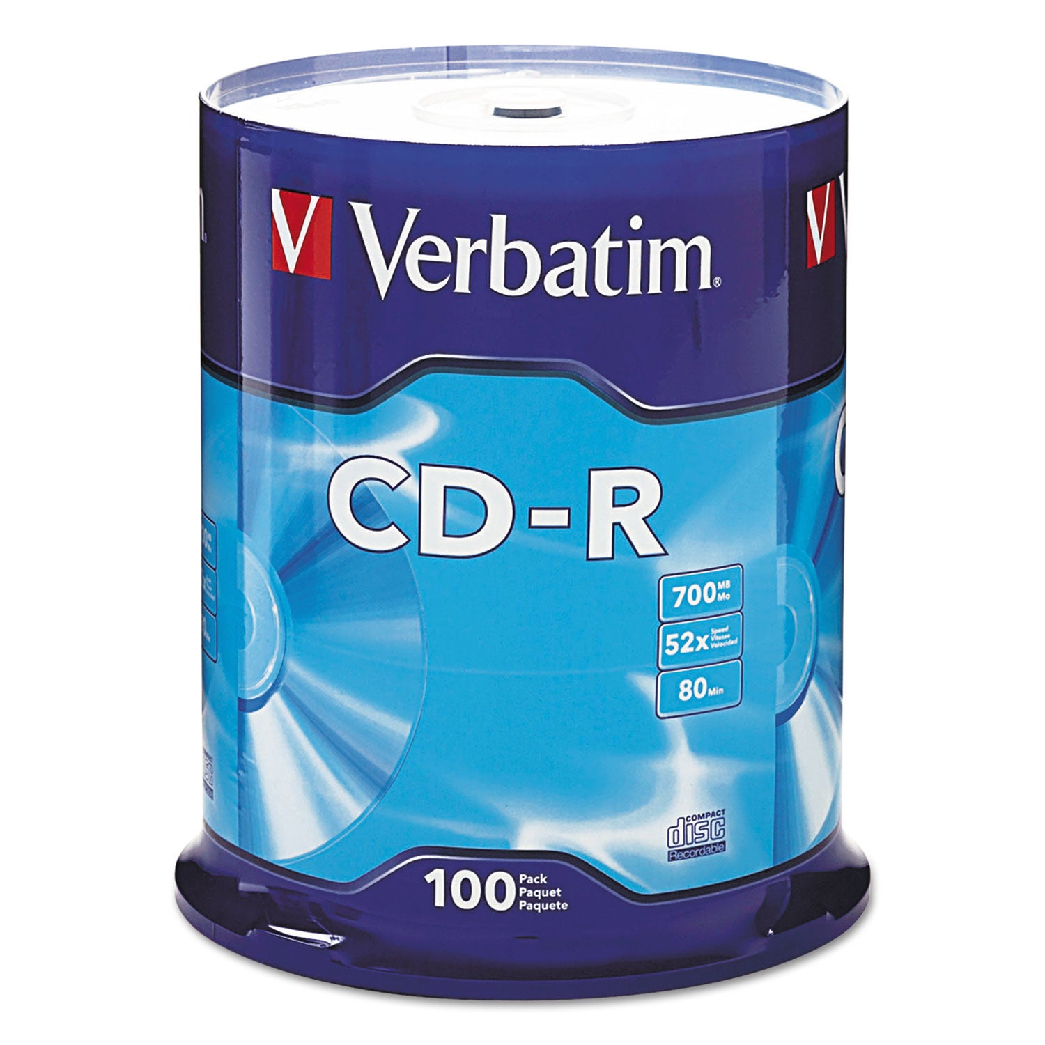 CD-R Recordable Disc, 700 MB/80 min, 52x, Spindle, Silver, 100/Pack -