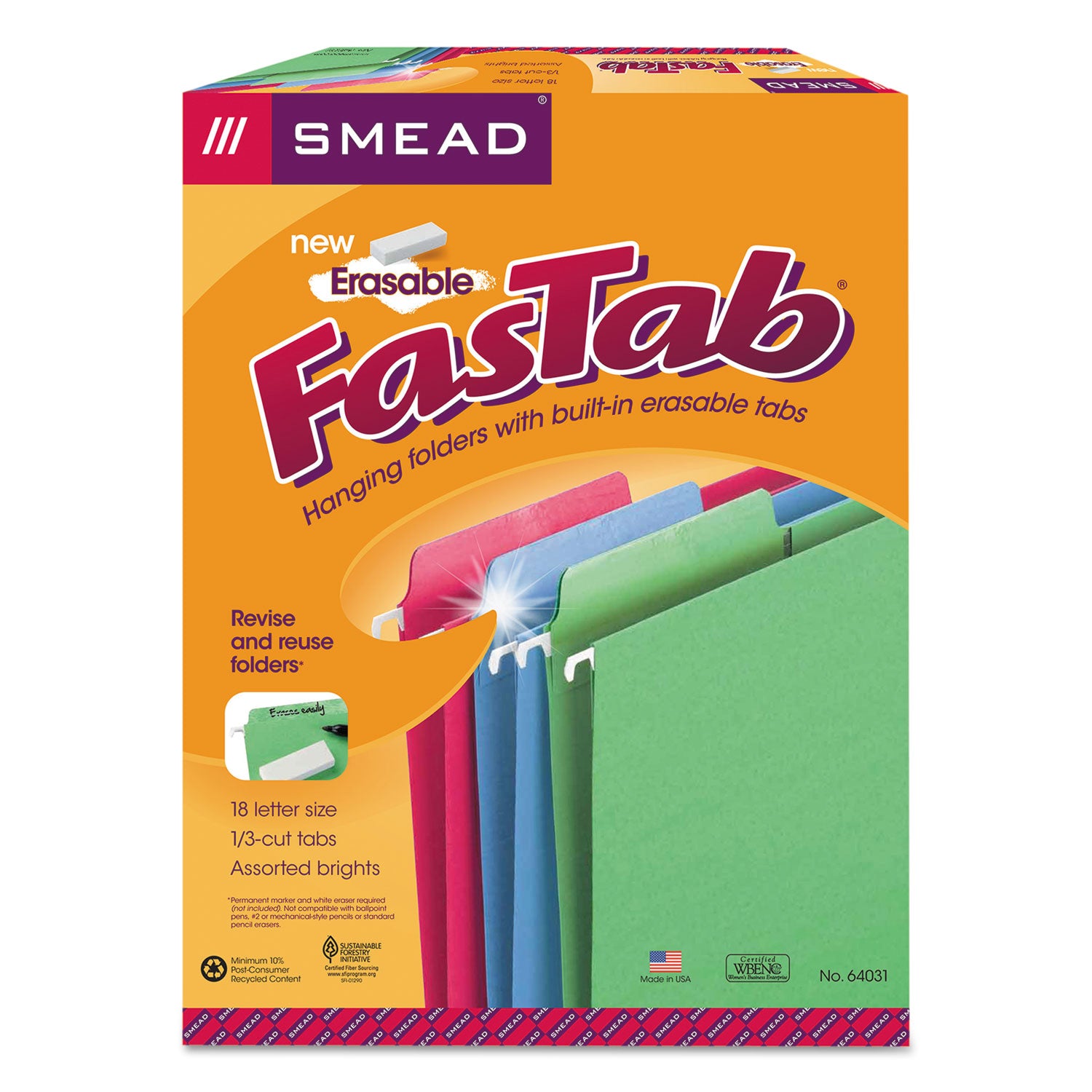 Erasable Folders, Letter Size, 1/3-Cut Tabs, Assorted Colors, 18/Box -