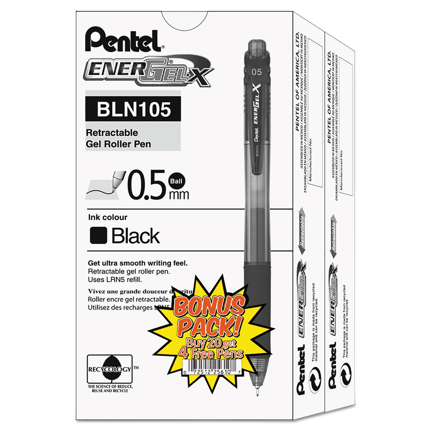 EnerGel-X Gel Pen, Retractable, Fine 0.5 mm Needle Tip, Black Ink, Clear/Black Barrel, 24/Pack -