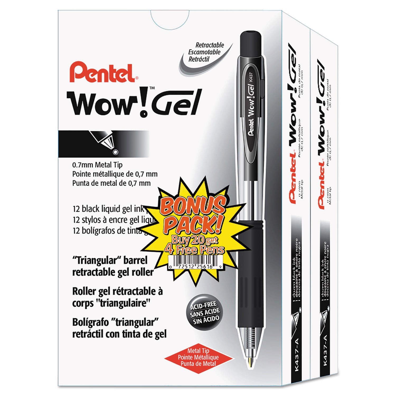WOW! Gel Pen Bonus Pack, Retractable, Medium 0.7 mm, Black Ink, Clear/Black Barrel, 24/Pack -