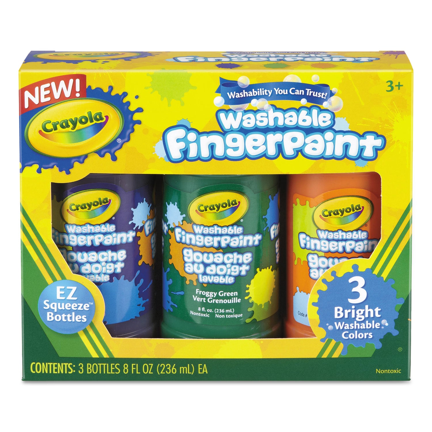 Washable Fingerpaint Pack, 3 Assorted Bright Colors, 8 oz Tube, 3/Box -