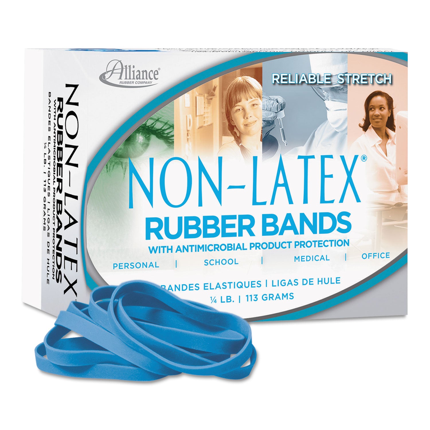 Antimicrobial Non-Latex Rubber Bands, Size 64, 0.04" Gauge, Cyan Blue, 4 oz Box, 95/Box -