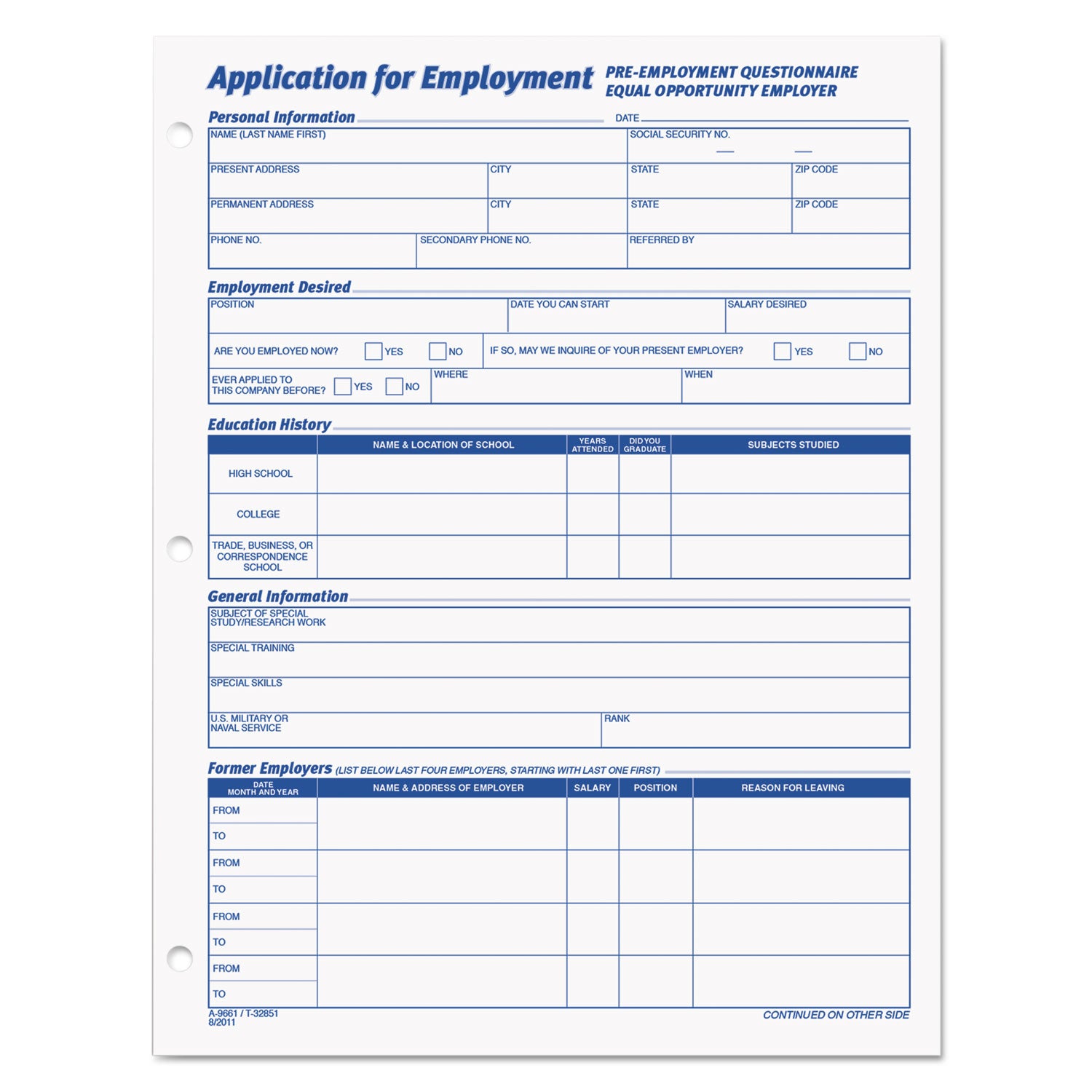 Employee Application Form, One-Part (No Copies), 11 x 8.38, 50 Forms/Pad, 2 Pads/Pack -