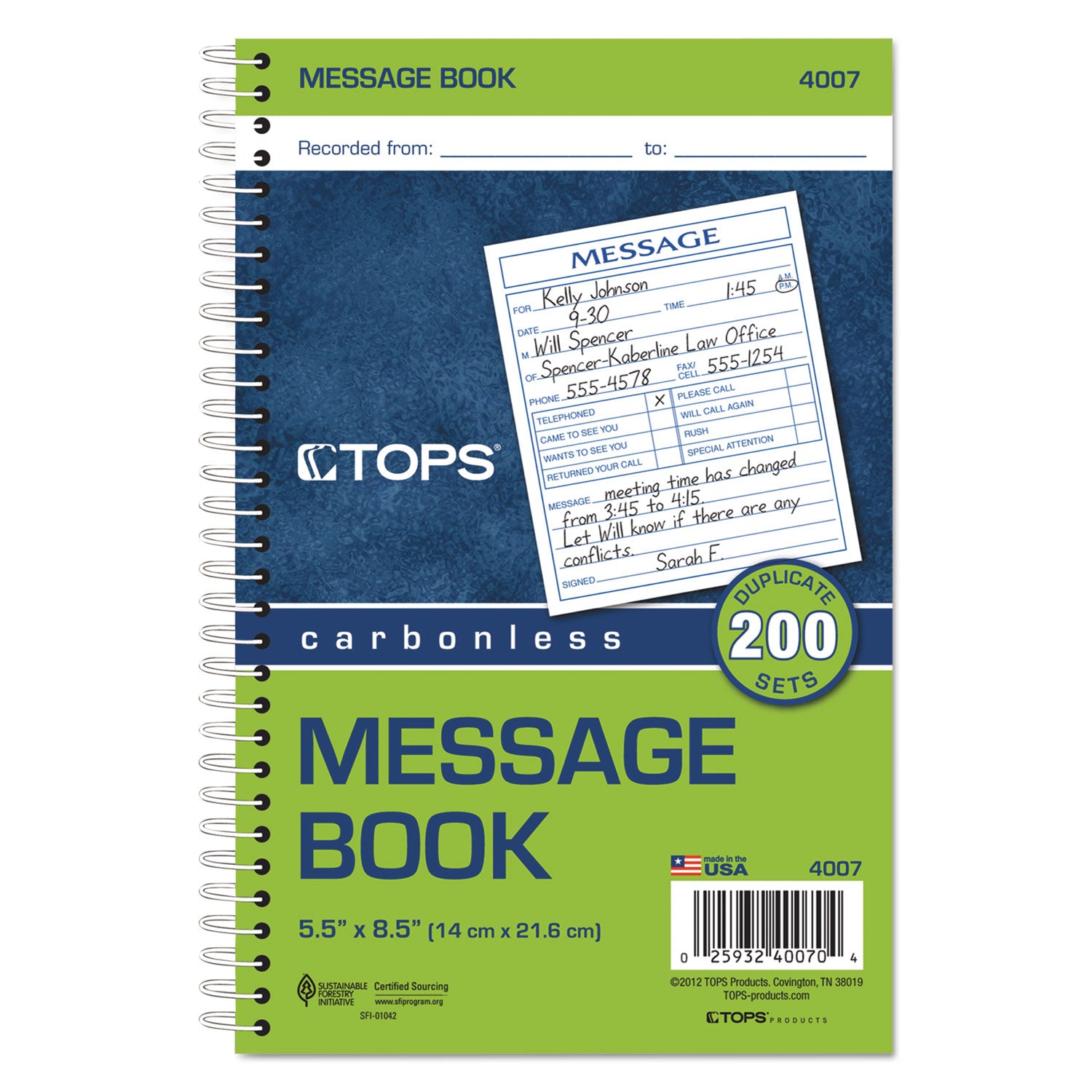 Spiralbound Message Book, Two-Part Carbonless, 5 x 4.25, 2 Forms/Sheet, 200 Forms Total -
