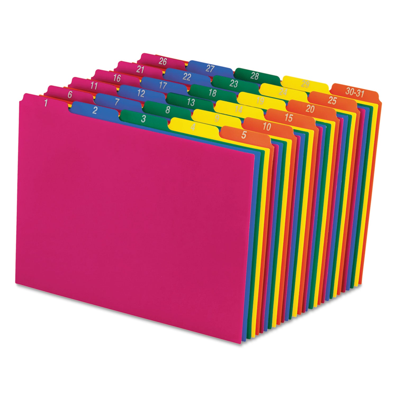 Poly Top Tab File Guides, 1/5-Cut Top Tab, 1 to 30-31, 8.5 x 11, Assorted Colors, 31/Set -