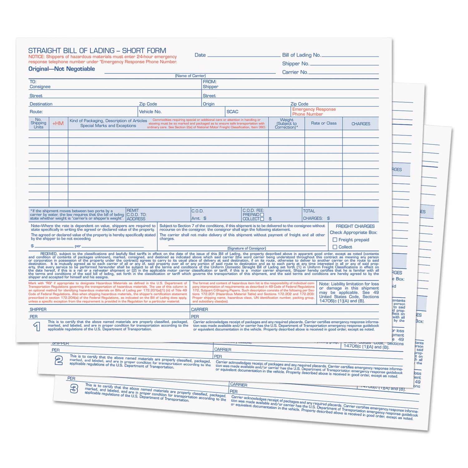 Hazardous Material Short Form, Three-Part Carbonless, 7 x 8.5, 50 Forms Total -